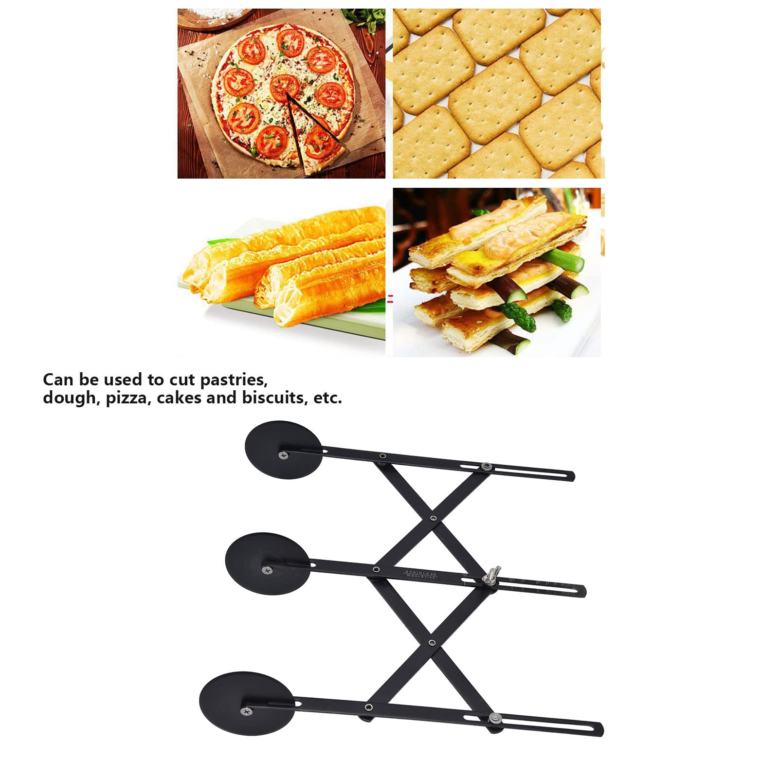 3-Wheel Stainless Steel Pizza & Pastry Cutter - Adjustable Dough Roller for Precise Cutting | Non-Stick Black Design | Perfect for Baking Pies, Pasta & Homemade Pizza Dough