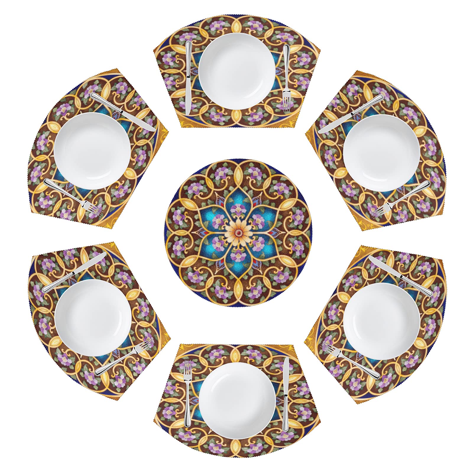 7-Piece Round Flower Mandala Wedge Placemat Set with Centerpiece - Washable, Heat Resistant & Non-Slip Table Mats for Dining - Perfect for Home Decor, Dinner Parties, and Holiday Gatherings