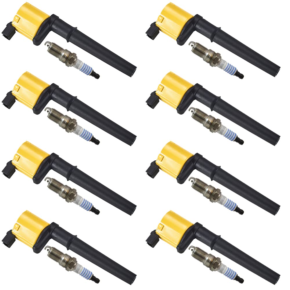 8-Piece Heavy Duty Ignition Coil Pack & Spark Plug Set - Compatible with Ford Lincoln Mustang Mark VIII Continental Aviator Panoz Navigator 4.6L 5.4L V8 Engines - Replaces DG512 UF191 C1141 - Perfect for Engine Performance Upgrades & Tune-Ups
