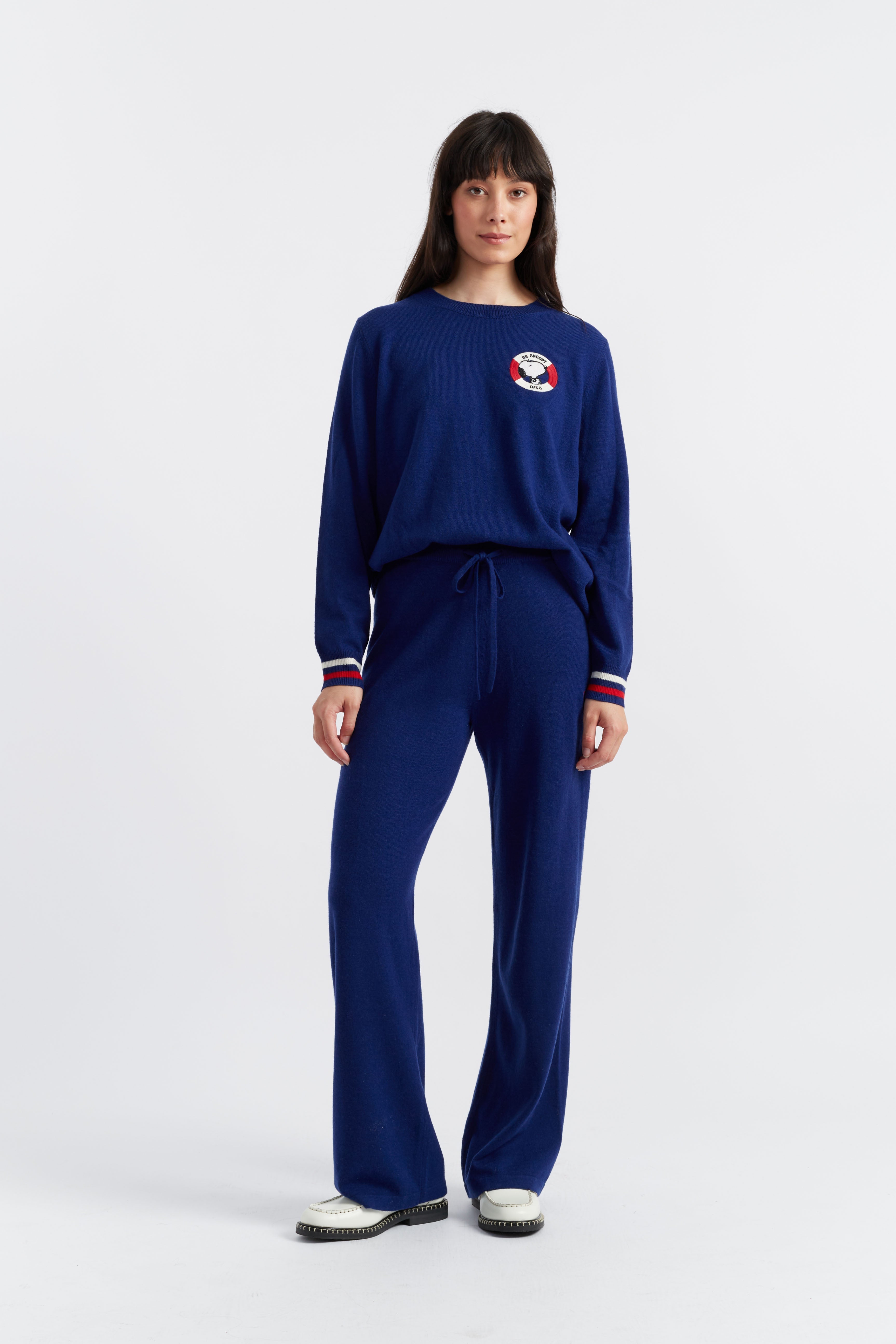 Blue Wool Cashmere Snoopy Nautical Wide Leg Track Pants - Soft Winter Lounge Pants for Women, Cute Cartoon Sleepwear & Casual Outfit - Perfect for Home Relaxation, Sleepovers and Cozy Nights