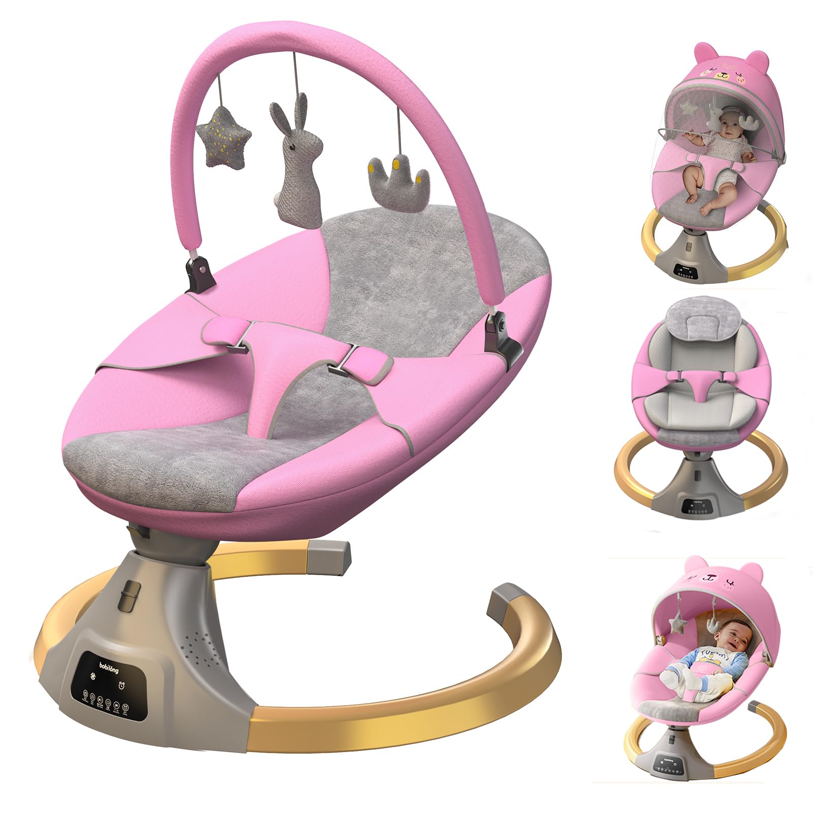 Electric Baby Swing for Infants & Newborns | Portable Rocker Bouncer with 12 Lullabies, 5 Speed Settings | Includes Fitness Rack & Mosquito Net | Perfect for Nursery, Daycare, and Travel Use