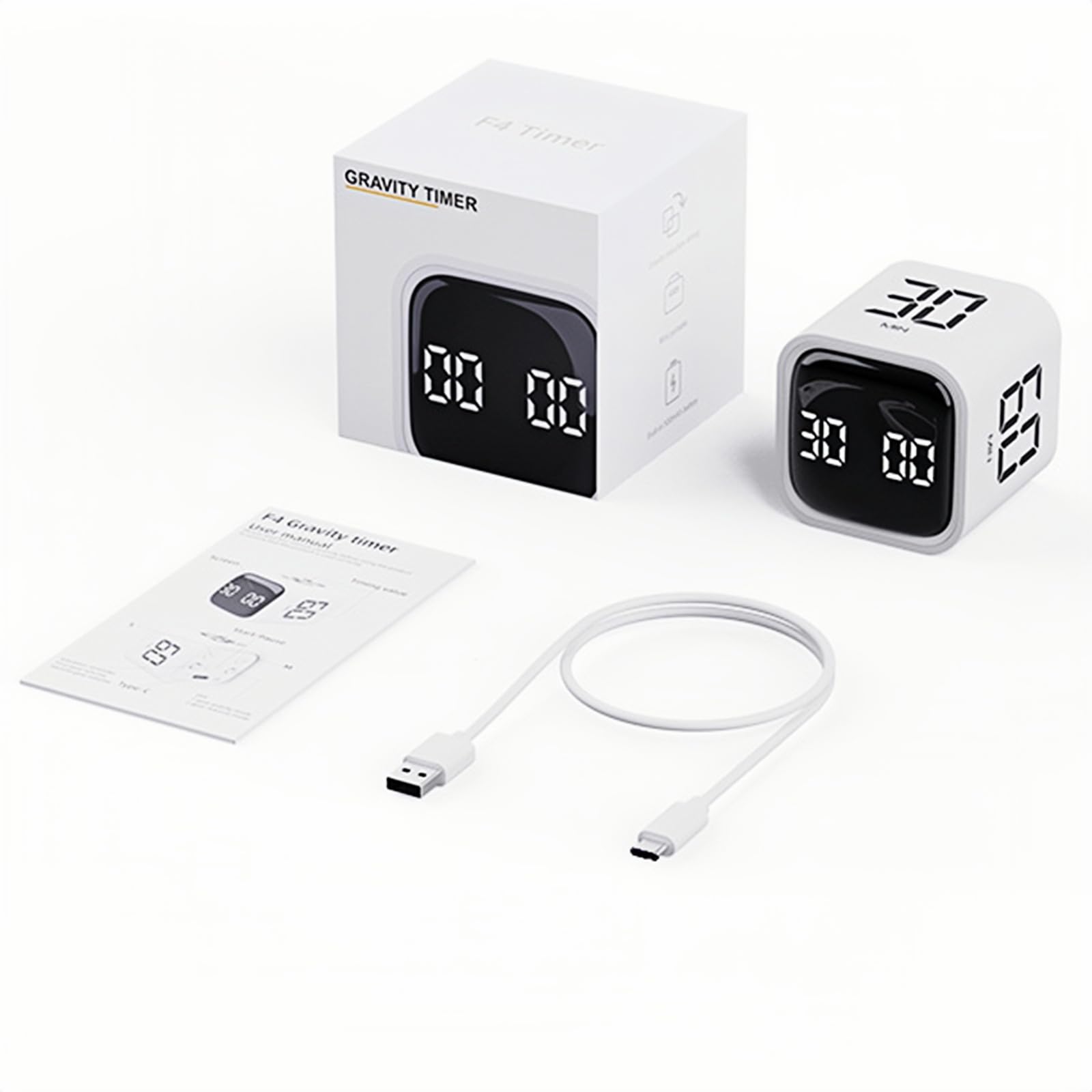 Rechargeable Digital Cube Pomodoro Timer - 5/10/30/60min & Custom Countdown with Vibration & Adjustable Alarm - Productivity Tool for Office Work, Kitchen Cooking, ADHD Kids Study & Focus (White)