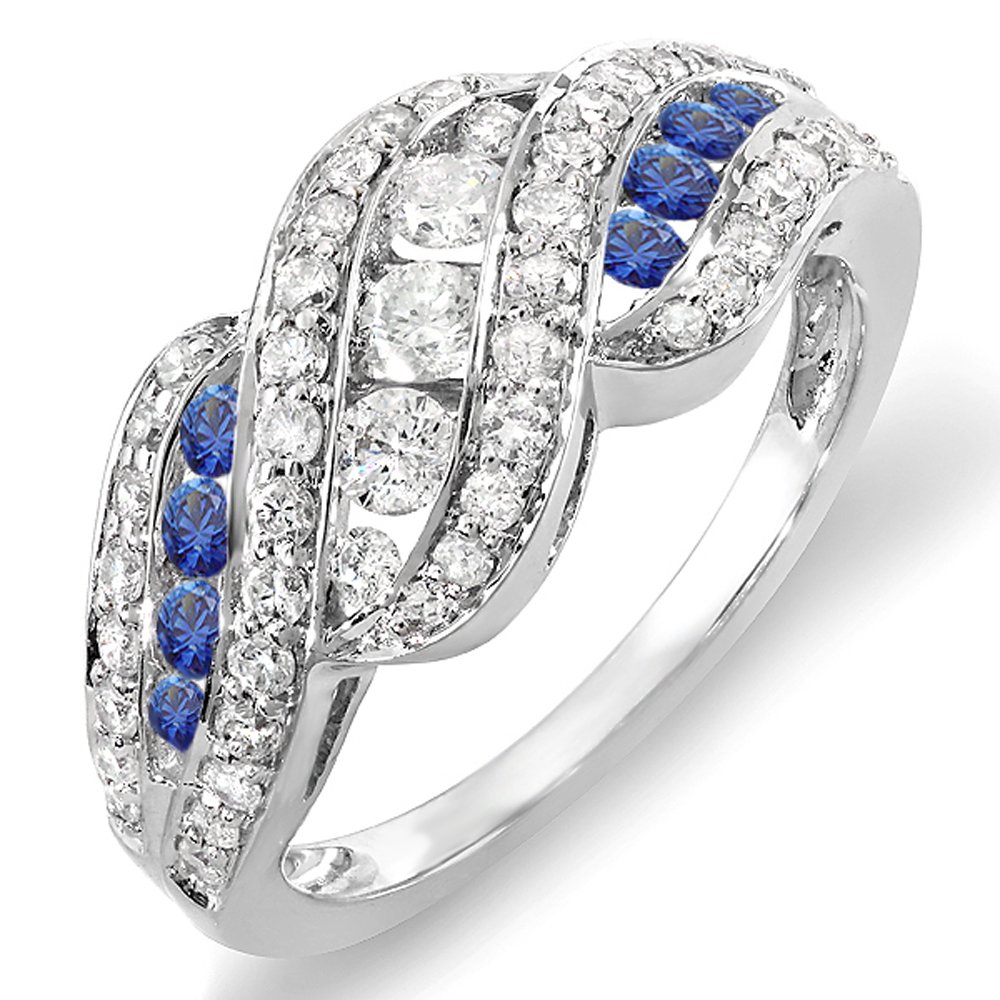 18K White Gold Round Diamond & Blue Sapphire Women's Cocktail Ring - Dazzlingrock Collection | Elegant Right Hand Ring for Parties, Weddings & Special Occasions