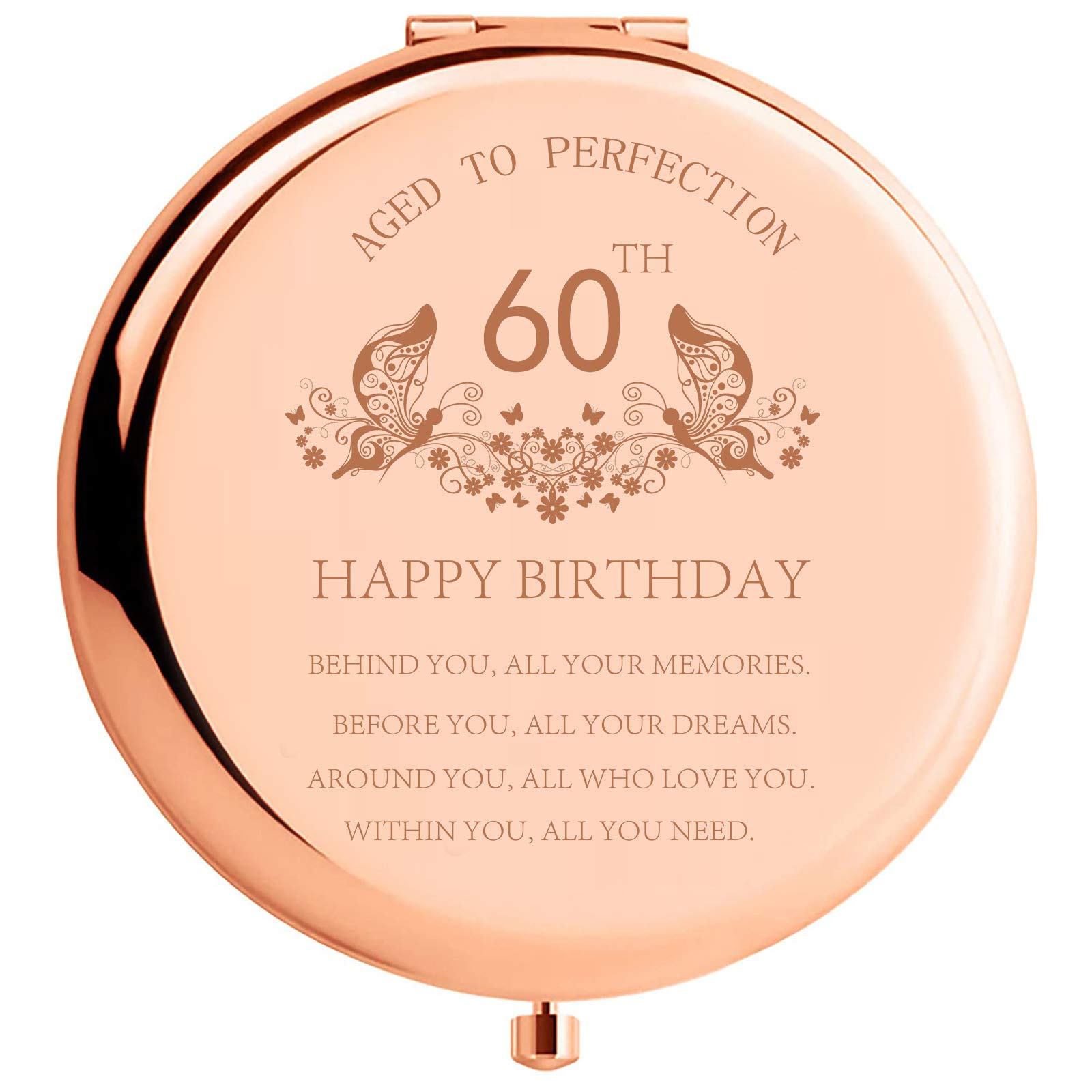 60th Birthday Gifts for Women - Engraved Rose Gold Stainless Steel Compact Makeup Mirror with Gift Box | Portable Travel Mirror for Wife, Friend | Perfect 60 Years Old Birthday Present for Makeup, Vanity & Memory Keepsake