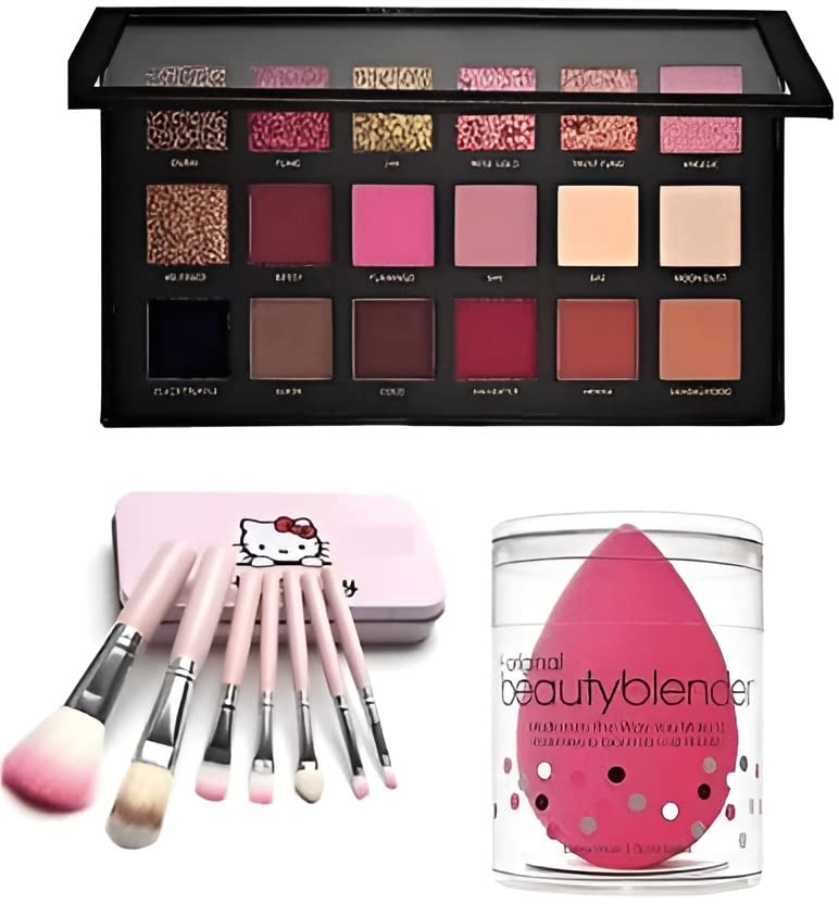 Rose Gold Makeup Eyeshadow Palette & 7-Piece Kitty Makeup Brush Set with Storage Box & Puff - Perfect for Travel, Gifts, and Everyday Makeup (Set of 3)