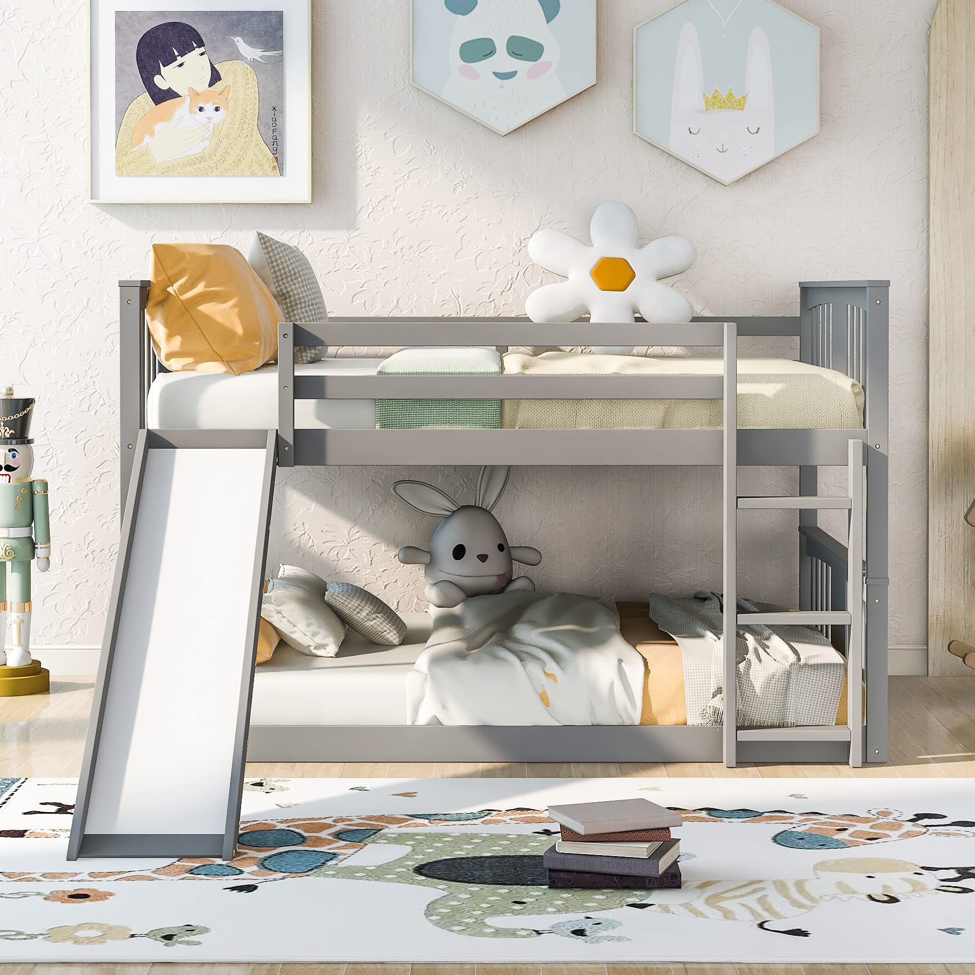 Full Over Full Bunk Bed with Slide and Ladder - Space-Saving Bunk Bed for Kids, Teens & Adults | No Box Spring Needed | Perfect for Small Bedrooms, Guest Rooms & Vacation Homes