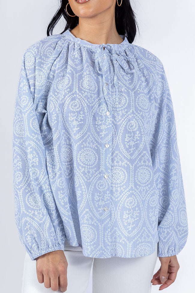Downtown Delight Blue Embroidered Woven Button Down Blouse for Women | Casual Office Wear & Spring Outfits | Trendy Embellished Top for Work & Date Nights