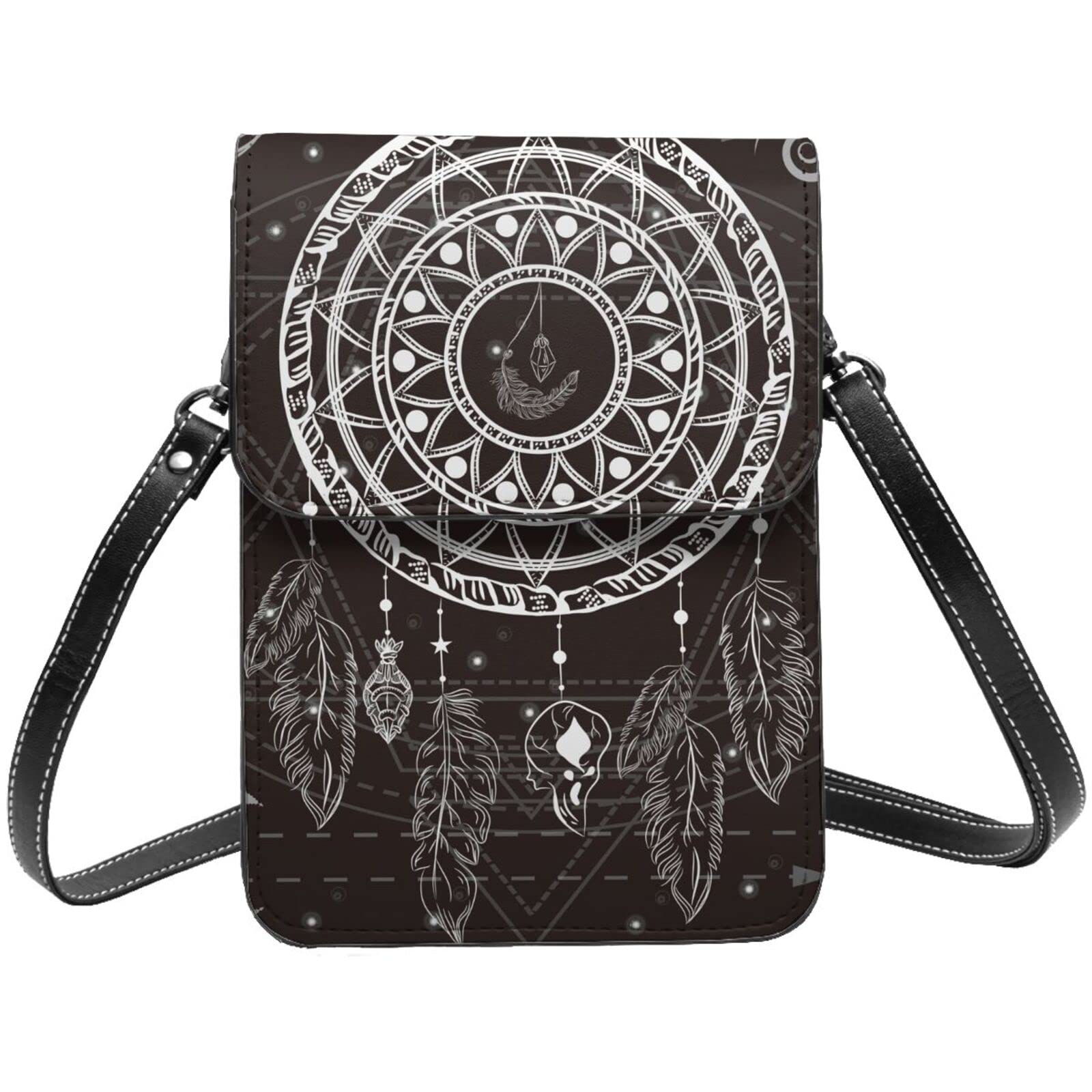 Dreamcatcher Native Mystic Geometry Black Crossbody Phone Purse for Women - Lightweight Small Soft Leather Fashion Wallet with Adjustable Strap - Perfect for Travel, Shopping & Everyday Use