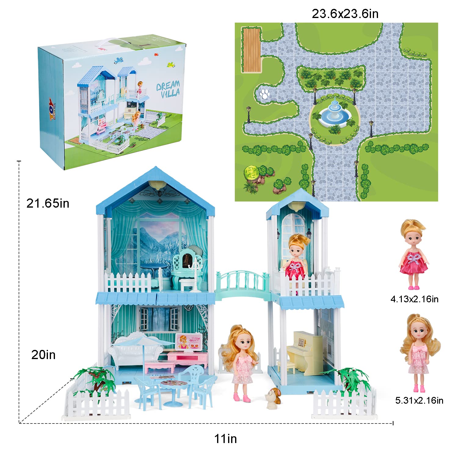 Blue Princess Doll House for Girls Ages 3-5 - Two Story Dream House with Furniture & Accessories | Pretend Play Toy for Kids, Birthday Gift & Room Decor