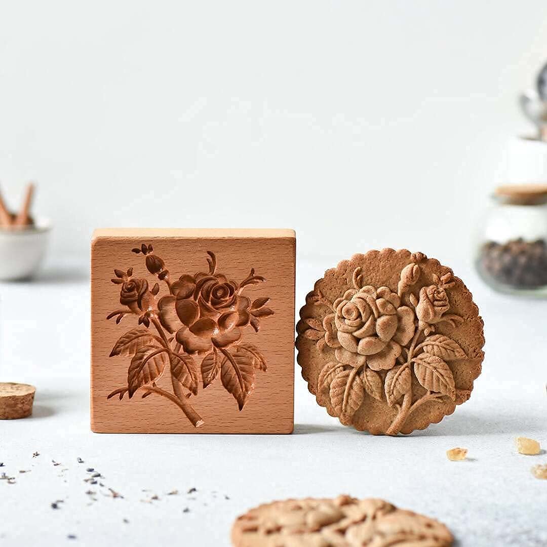 Wooden Cookie Cutter Embossing Mold - Gingerbread Cookie Stamp with Pinecone & Provence Rose Design for Baking, DIY Crafts, and Home Decor - Perfect for Holiday Cookies, Wedding Favors, and Gift Packaging