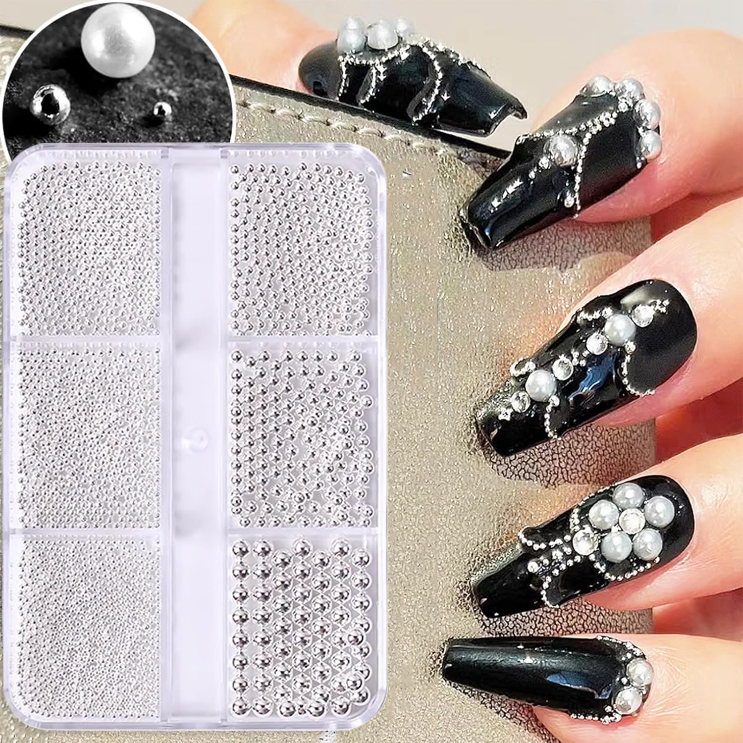 2 Boxes 3D Nail Beads Kit with Magnetic Picker Tool - Gold & Silver Metal Caviar Beads, Nail Charms, Gems, Studs for Professional Nail Art Design - Perfect for Salon, DIY Manicures & Nail Decoration