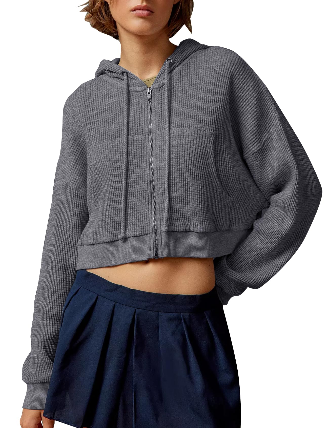 Flygo Women's Cropped Zip Up Hoodie - Waffle Knit Sweatshirt with Kangaroo Pocket | Casual Streetwear, Loungewear, Fall & Winter Fashion