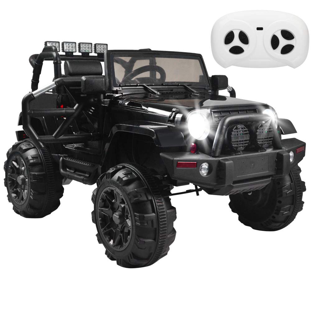 KepooMan 12V Kids Ride On Car with Remote Control - 3 Speed Electric SUV Toy Truck with Spring Suspension & LED Headlights - Black | Perfect for Outdoor Play, Birthday Gifts & Toddler Pretend Driving