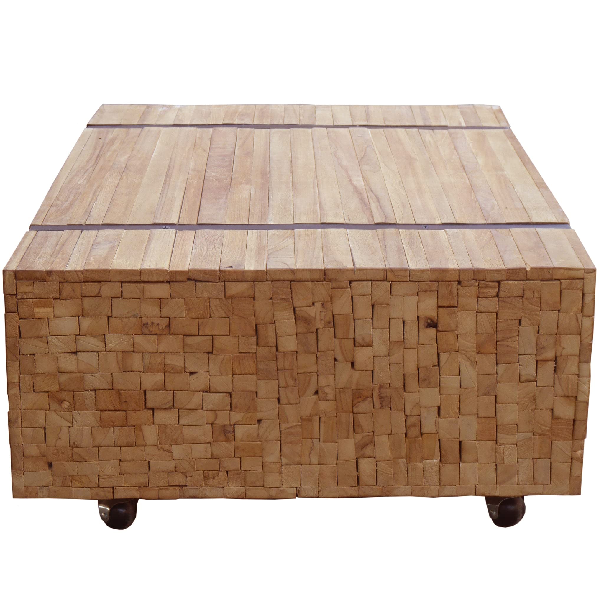 Solid Teak Wood Coffee Table with Wheels - Modern Rolling Coffee Table for Living Room, Office, or Outdoor Use - Easy to Move and Stylish Design
