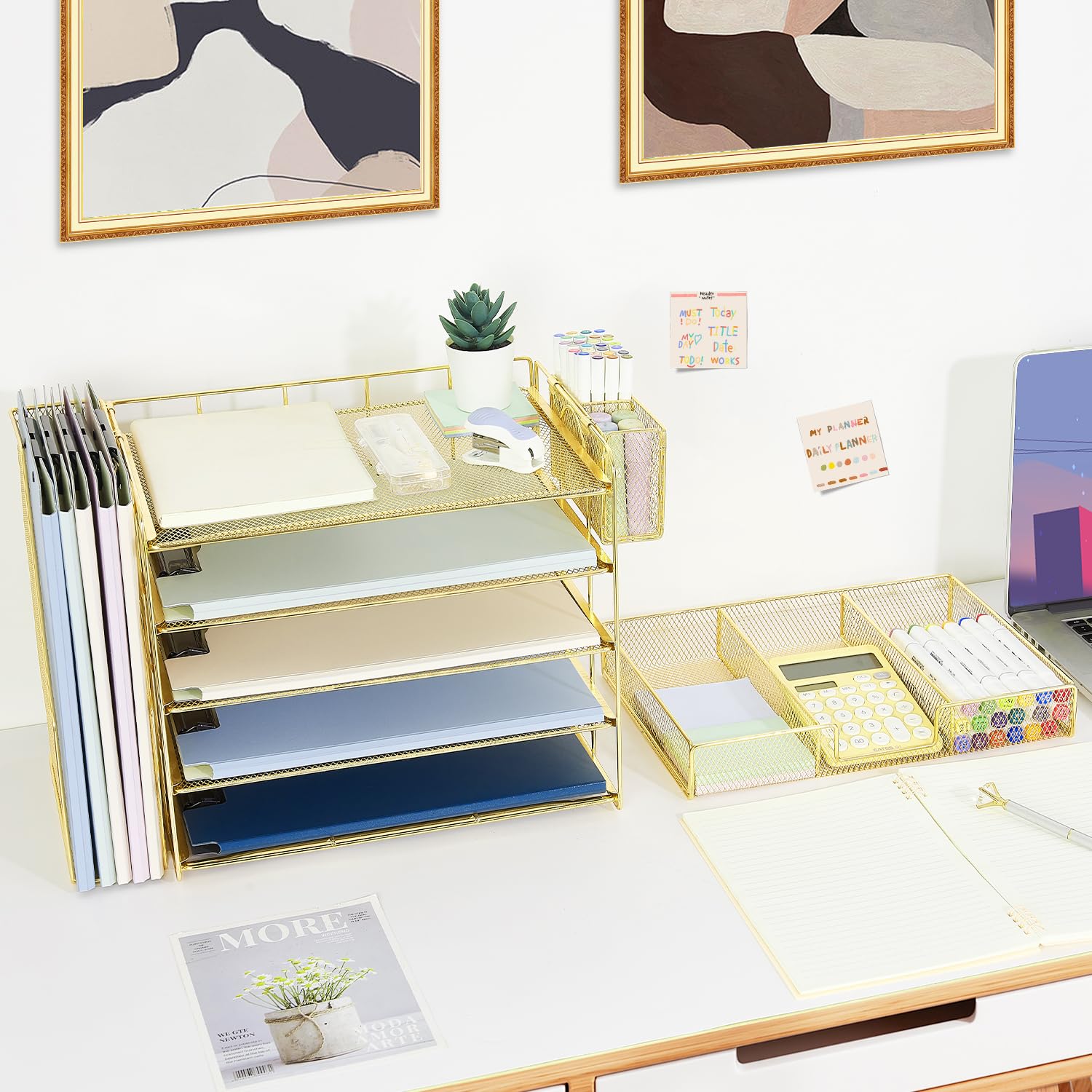 Youbetia 5-Tier Desk Organizer with Vertical File Racks & Drawer - Desktop Paper Tray Office Organizer with Pen Holder - Workspace Accessories for Home & Office (Gold) - Perfect for Organizing Documents, Stationery & Office Supplies