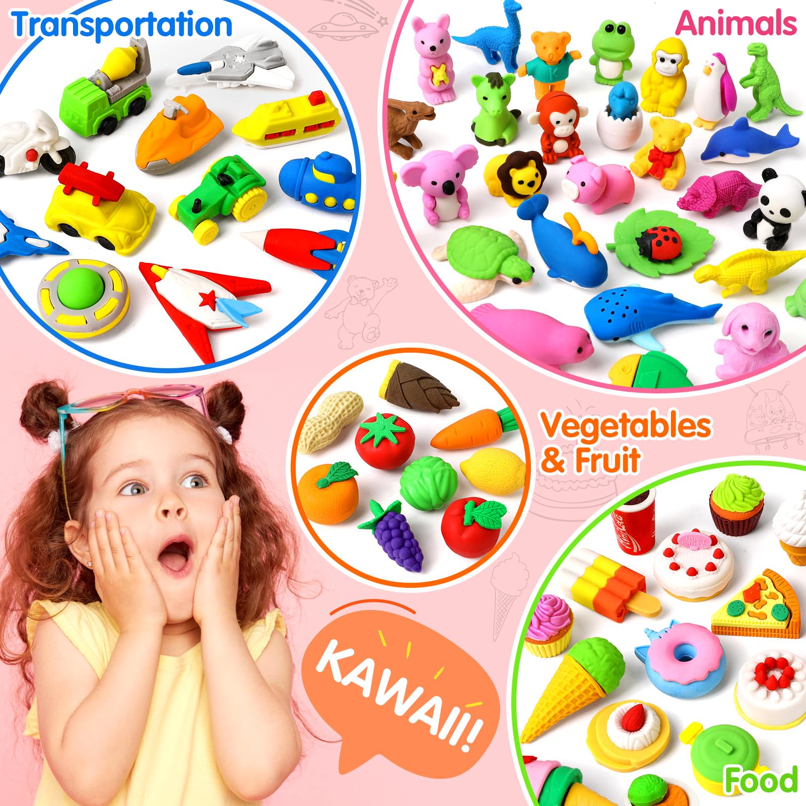 70 Pack 3D Animal Erasers for Kids - Bulk Desk Pets, Classroom Prizes & Treasure Box Toys - Fun School Supplies for Teachers & Students - Perfect for Back to School, Party Favors & Learning Activities (Random Styles)