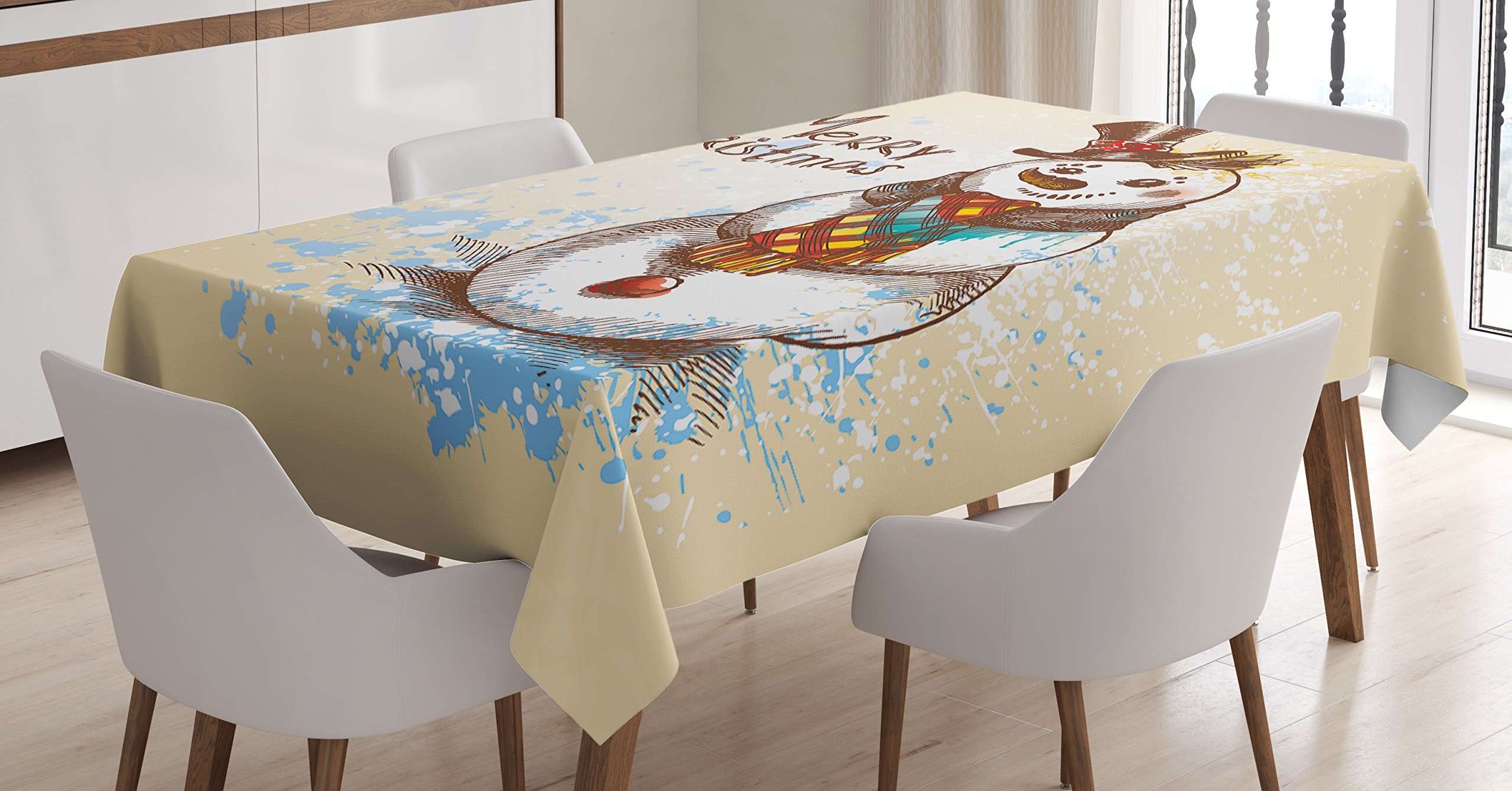 Ambesonne Snowman Tablecloth - Winter Holiday Dining Room Decor with Snowman Sketch & Color Splashes, 60x90 Inch Rectangular Table Cover for Christmas Kitchen Party, Cream Brown Blue - Perfect for Festive Gatherings & Seasonal Home Decor