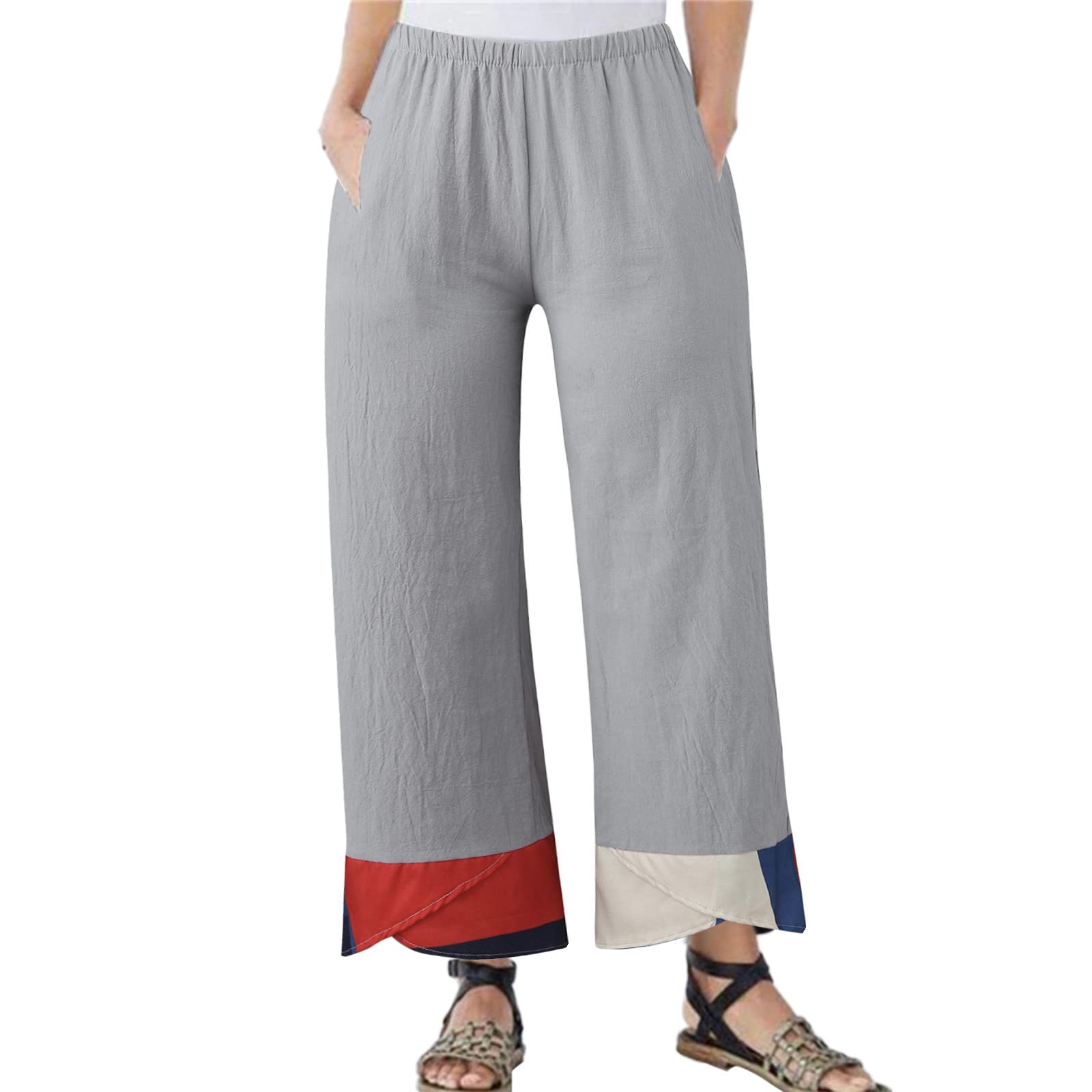 Women's Linen Wide Leg Pants - Casual Elastic Waist Loose Fit Cotton Pants with Pockets & Floral Print | Perfect for Summer, Beach, Travel & Boho Outfits