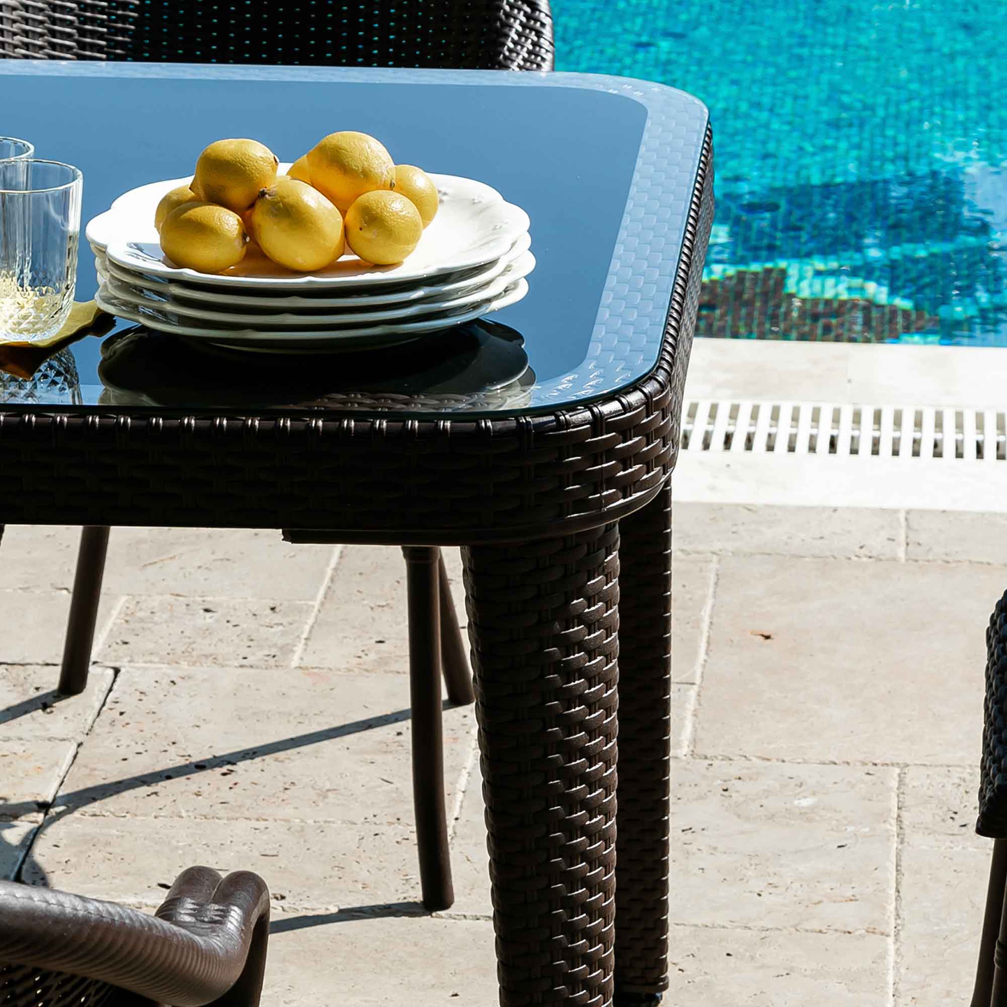Outdoor Dining Table 90x150cm - Weather Resistant Wenge Wood with Tempered Glass Top - Perfect for Patio, Garden & Backyard BBQs