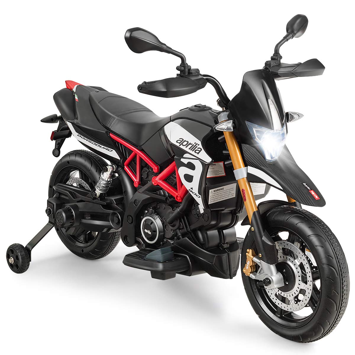 Aprilia Licensed 12V Kids Electric Motorcycle Ride-On Toy with Training Wheels, Spring Suspension, LED Lights & Sounds - Battery Powered Dirt Bike for Boys & Girls (Black) | Perfect for Outdoor Play, Birthday Gifts & Backyard Adventures