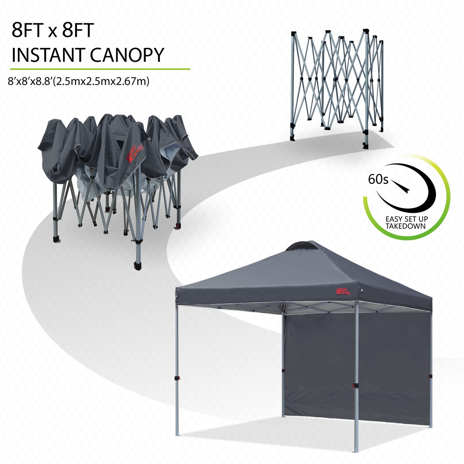 Durable MASTERCANOPY 8'x8' Pop-Up Canopy Tent with 1 Sidewall - Dark Grey | Perfect for Outdoor Events, Camping, Backyard Parties & Beach Shade