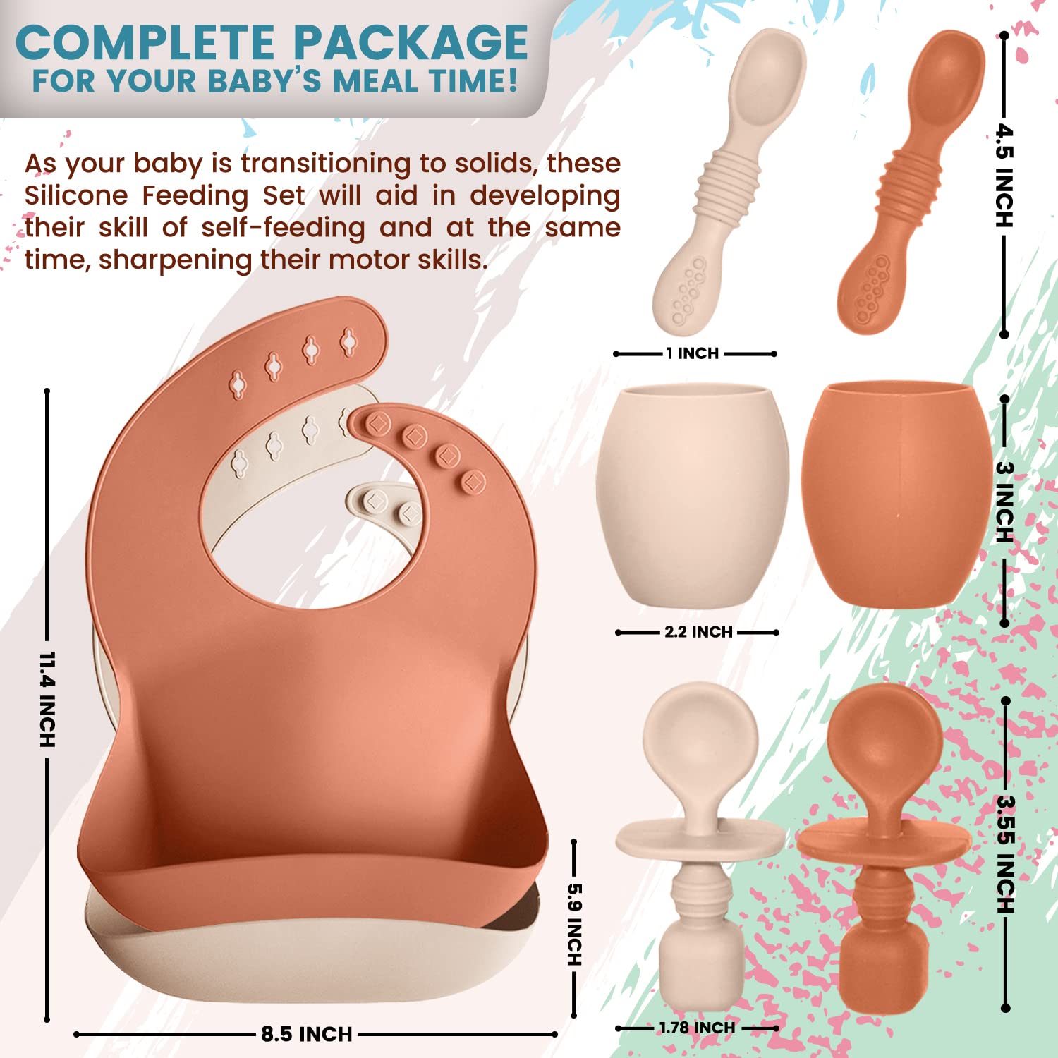 **Baby Silicone Feeding Set - 8-Piece Infant Utensils for Baby-Led Weaning, Includes Silicone Bibs & Spill-Proof Cups for Boys & Girls - Soft, BPA-Free & Waterproof for Mess-Free Mealtime - Perfect for High Chairs, Travel & Daycare**