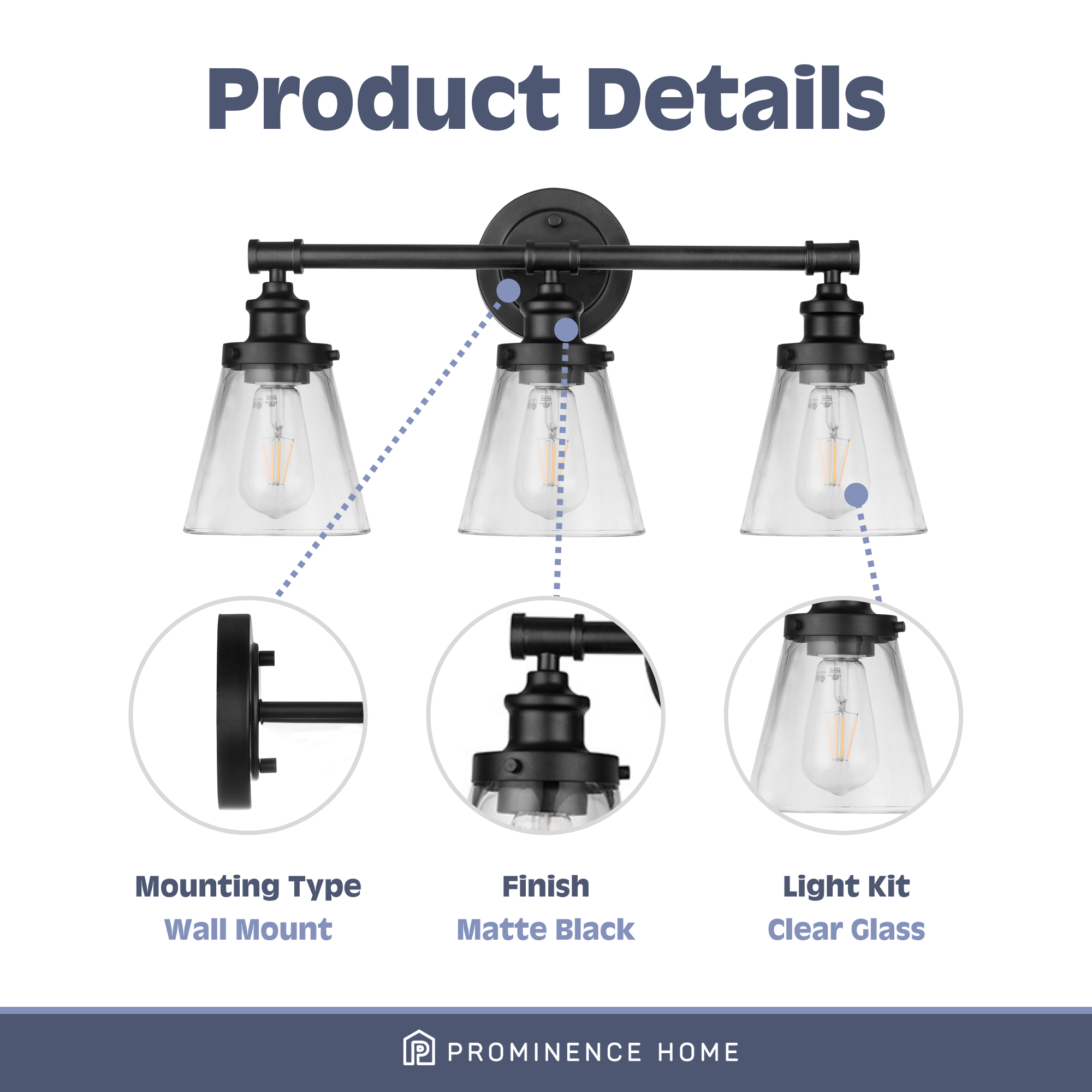 Helenah 3-Light Vanity Light Fixture in Matte Black - Perfect for Bathroom, Bedroom, and Dressing Room Makeup Lighting