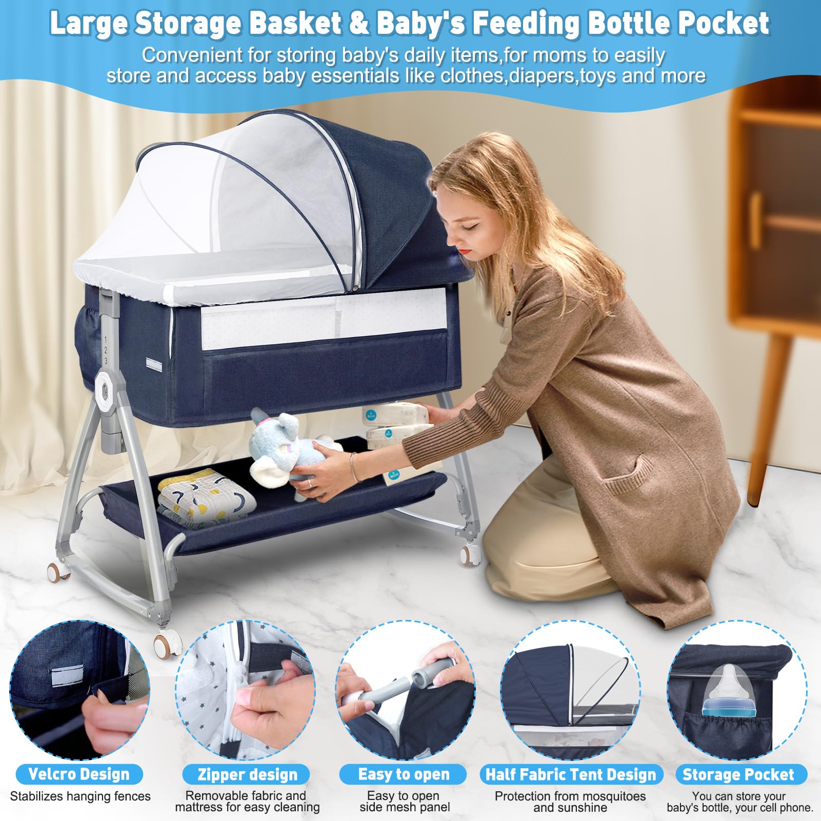 **Portable Baby Bassinet for Newborns – Adjustable Height Bedside Crib with Storage Basket & 4 Auto-Lock Wheels – Safe & Comfortable Infant Sleeper for Nursery, Travel & Co-Sleeping (Navy Blue)**