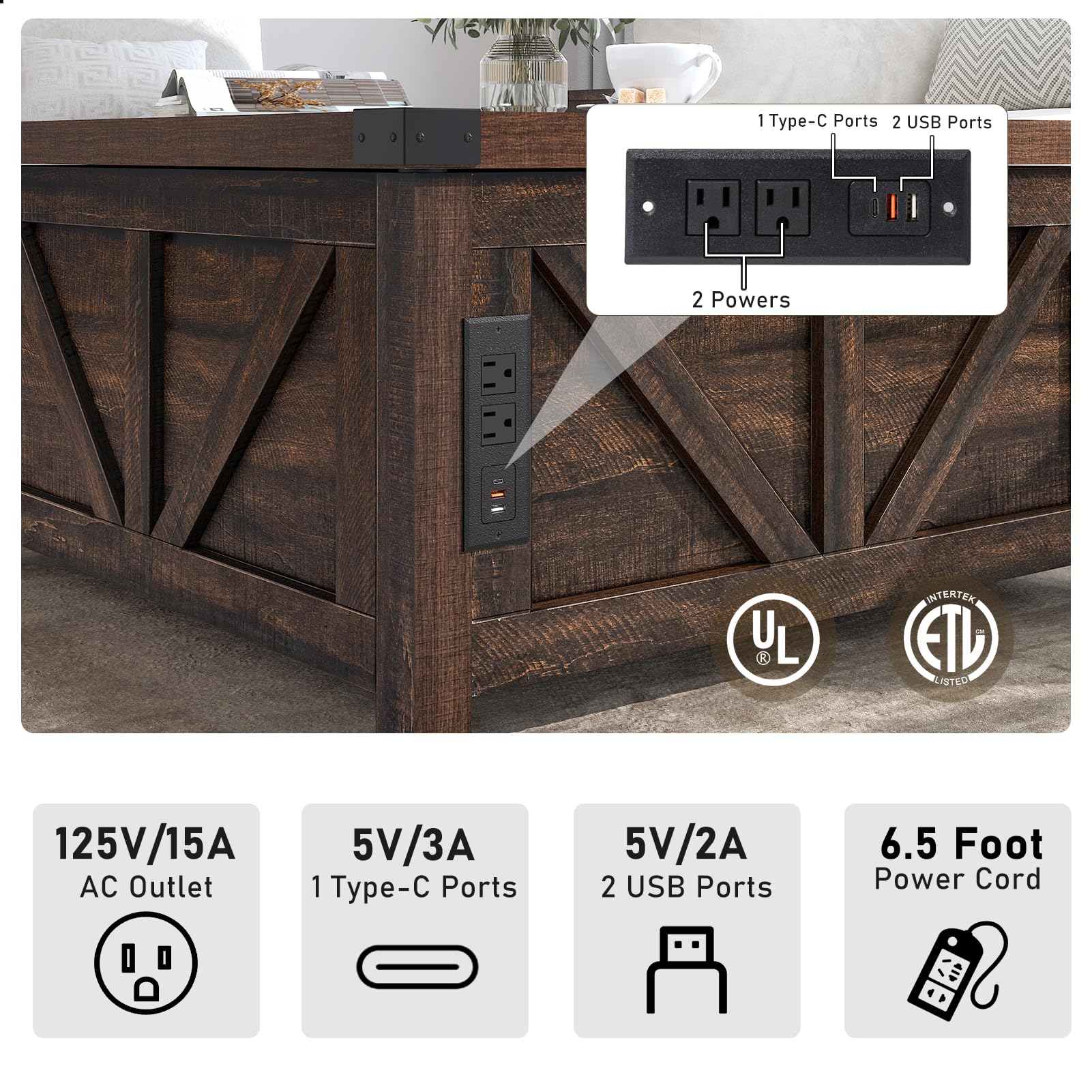 Farmhouse Lift Top Coffee Table with Storage - Wood Square Center Table with Charging Station & USB Ports - Large Hidden Compartment - Perfect for Living Room, Bedroom & Home Office - Ideal for Small Space Organization & Entertaining Guests