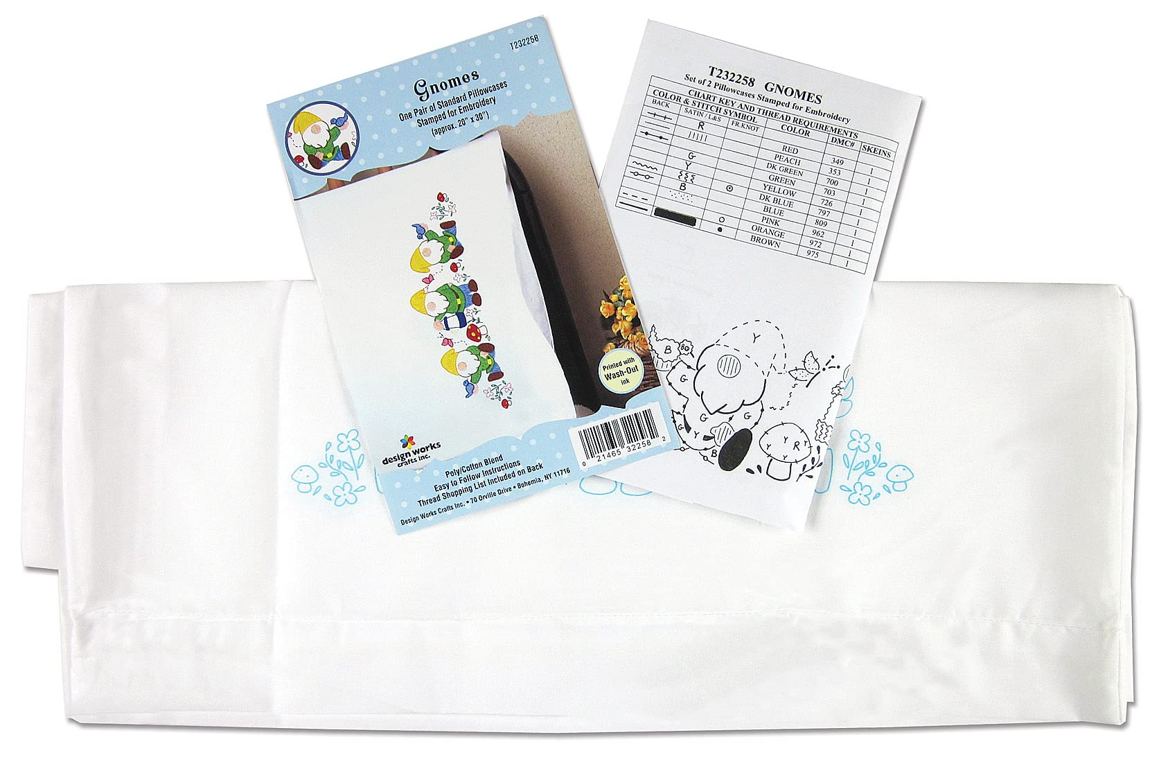 Tobin Gnomes Embroidery Stamped Pillowcases - White | Perfect for DIY Embroidery Projects, Home Decor, and Gift Giving
