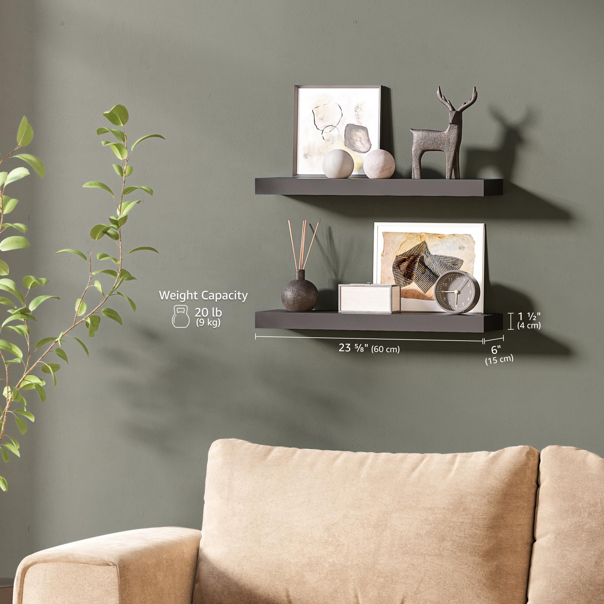 Ballucci Floating Shelves Set of 2 - 24 Inch Wood Wall Shelves with Invisible Brackets - 6 Inch Deep Black Wall Mounted Shelves for Bathroom, Living Room, Bedroom, Kitchen, Nursery - Perfect for Displaying Decor, Books, Plants and Storage Organization