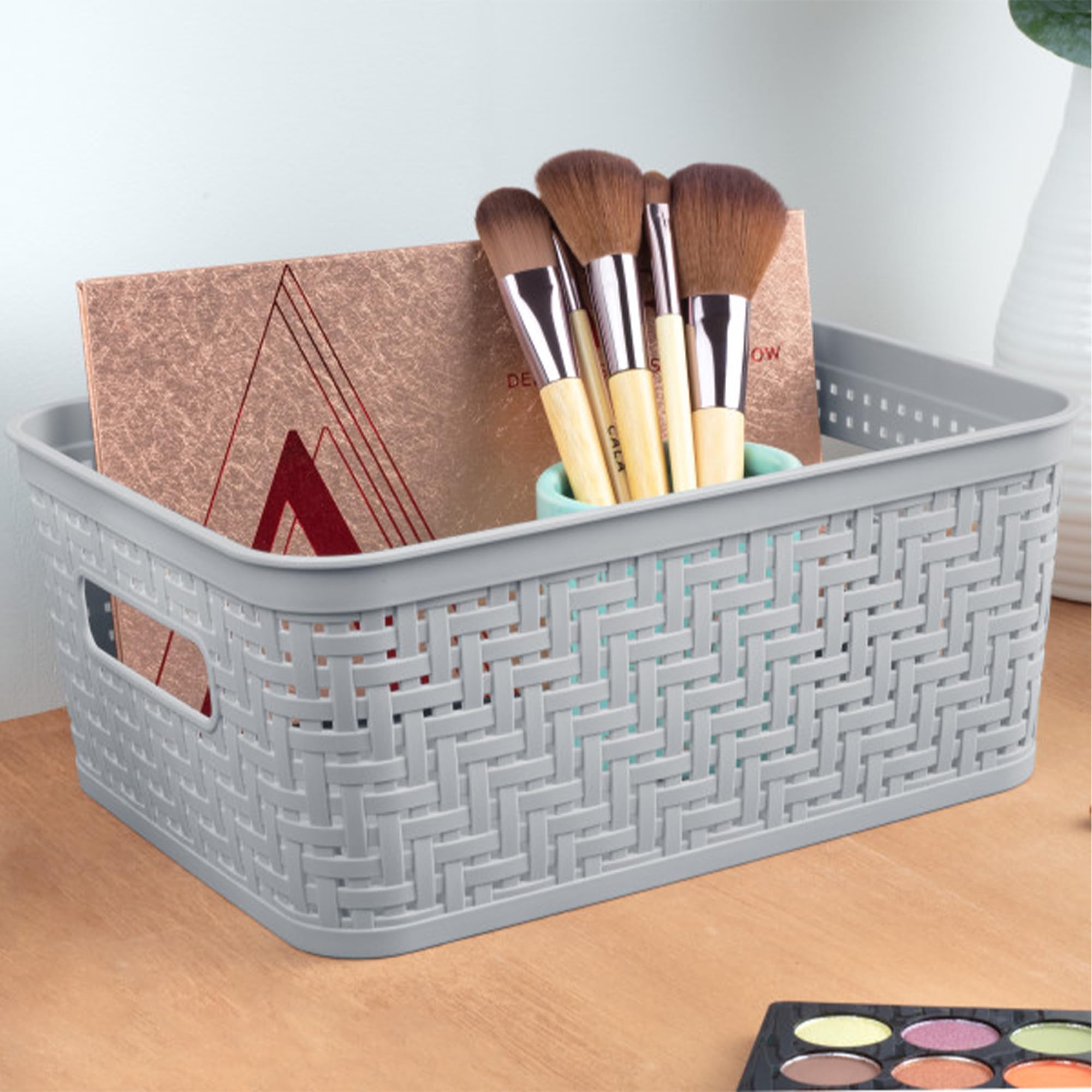 Sterilite 32-Pack Plastic Storage Bins with Lids - Organize Short Stackable Baskets for Home, Office & Closet Organization - Durable Cement Gray Containers for Toys, Clothes & Craft Supplies