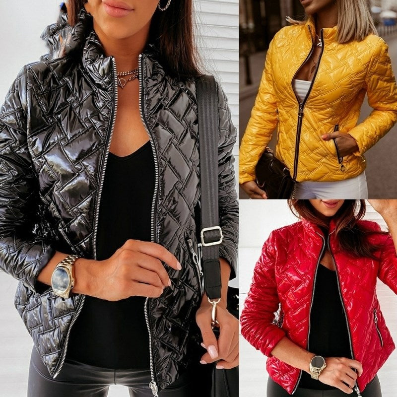 Women's Slim Fit Short Winter Jacket with Zipper - Plus Size Outerwear for Casual Wear & Cold Weather Fashion