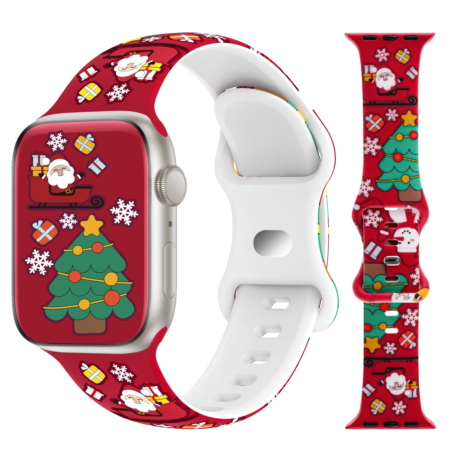 Christmas Silicone Watch Bands Compatible with Apple Watch 38mm 40mm 41mm 42mm 44mm 45mm 49mm - Soft Printed Wristband for iWatch Series 9/8/SE/7/6/5/4/3/2/1/Ultra - Holiday Gift for Women & Men - Perfect for Workouts, Daily Wear & Christmas Festivities
