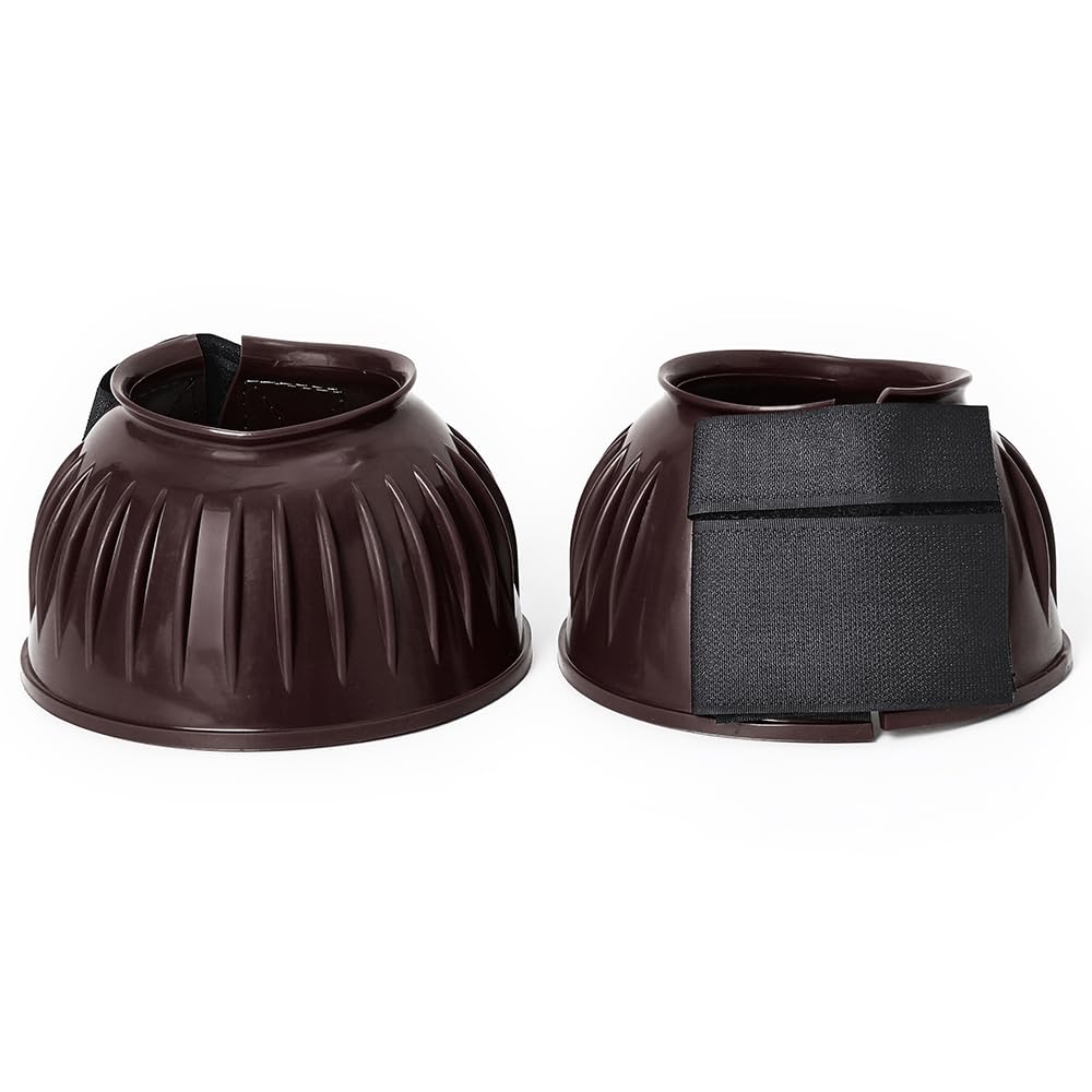 HILASON PVC Ribbed Double Hook and Loop Bell Boots for Horses - Durable Brown Hoof Protection for Riding, Training, and Stable Use