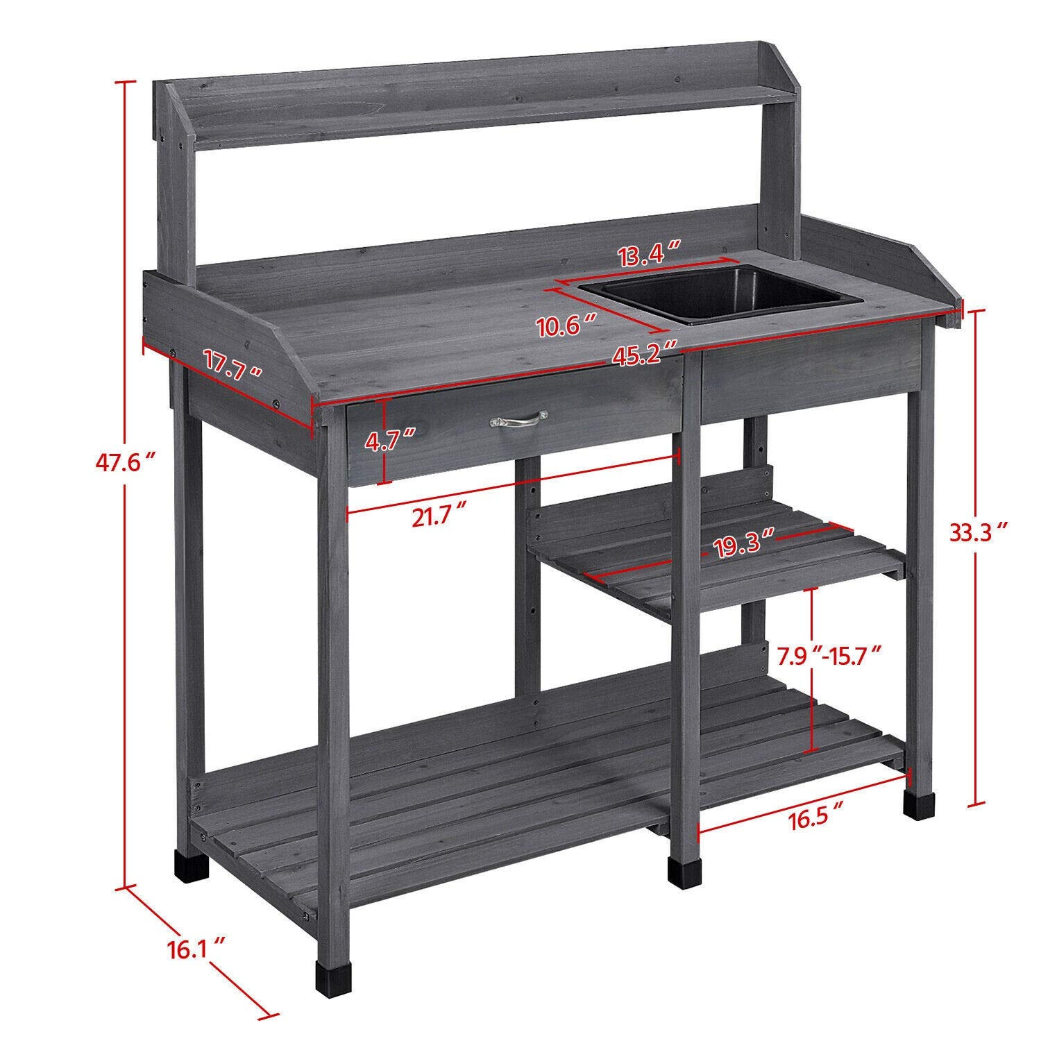 Heavy Duty Potting Bench with Shelf, Sink & Drawer - Sturdy Outdoor Garden Work Table for Planting, Potting & Gardening - Perfect for Backyard, Greenhouse & Patio Use