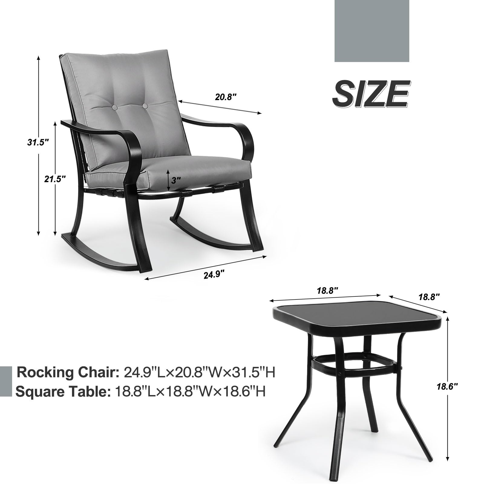 Crownland 3-Piece Outdoor Patio Set - Black Iron Rocking Chairs with Thickened Grey Cushions & Glass Coffee Table - Perfect for Garden, Porch, and Backyard Relaxation