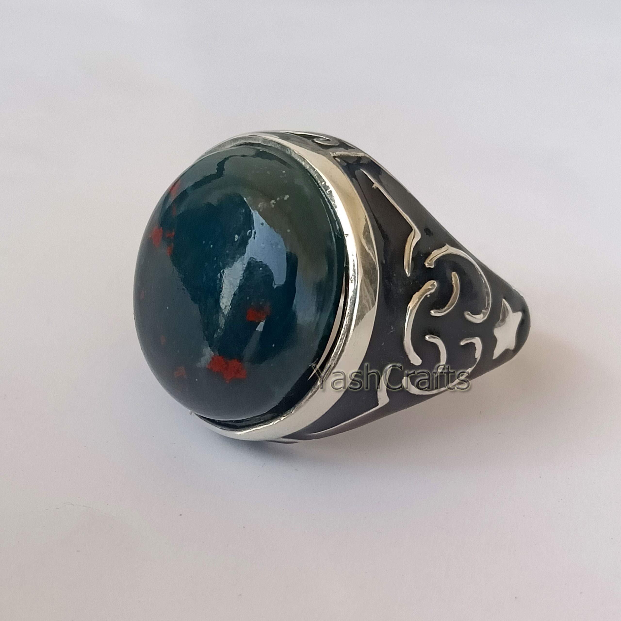 Men's Bloodstone Ring - 925 Sterling Silver Statement Ring with Natural Round Cabochon Gemstone, Arabic Style Handmade Jewelry, Perfect Gift for Men, Ideal for Weddings, Parties, and Special Occasions