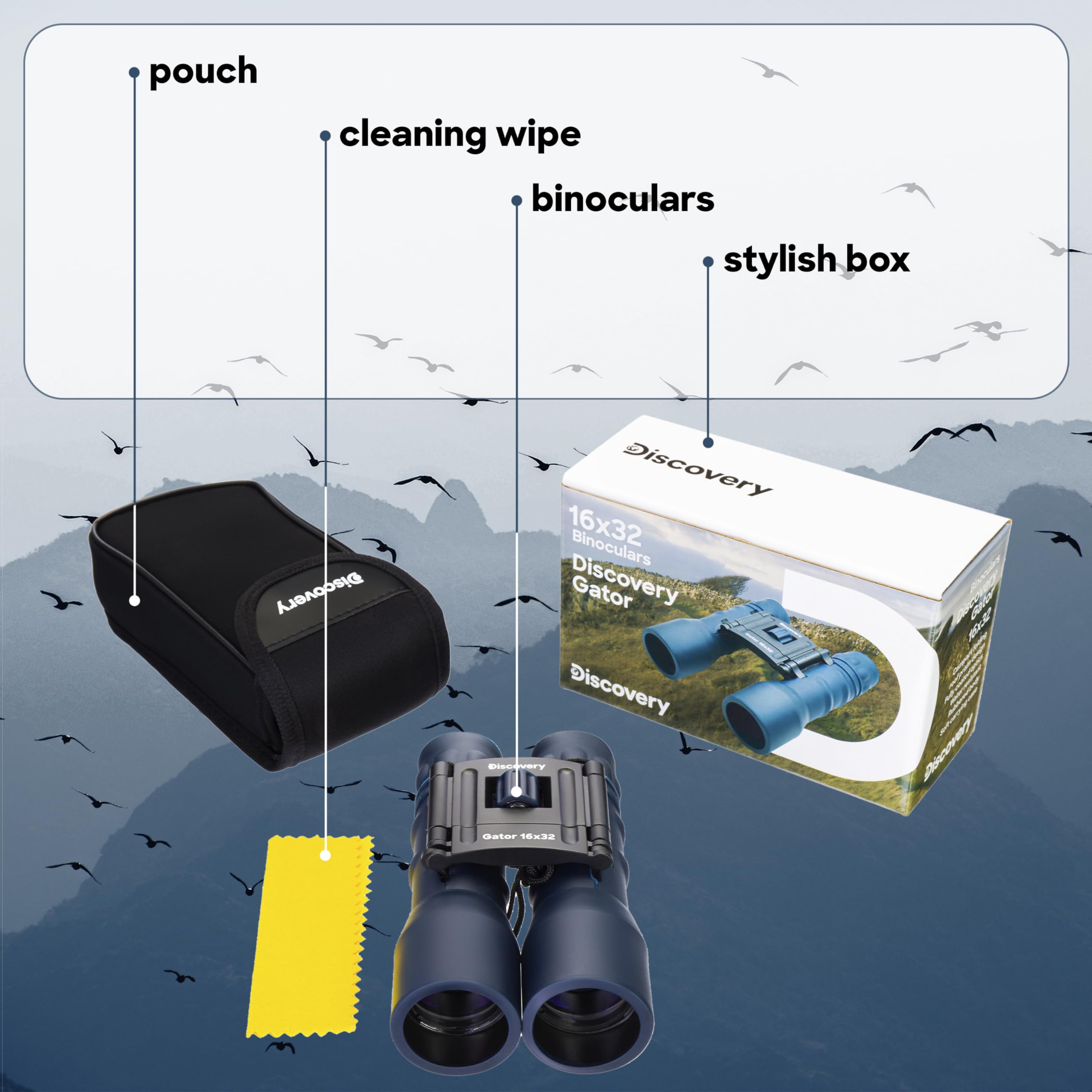 Discovery Gator 16x32 Compact Travel Binoculars - Lightweight & HD Optics for Bird Watching, Wildlife Viewing, Hiking, Concerts & Sports | Perfect for Outdoor Adventures, Travel & Sightseeing