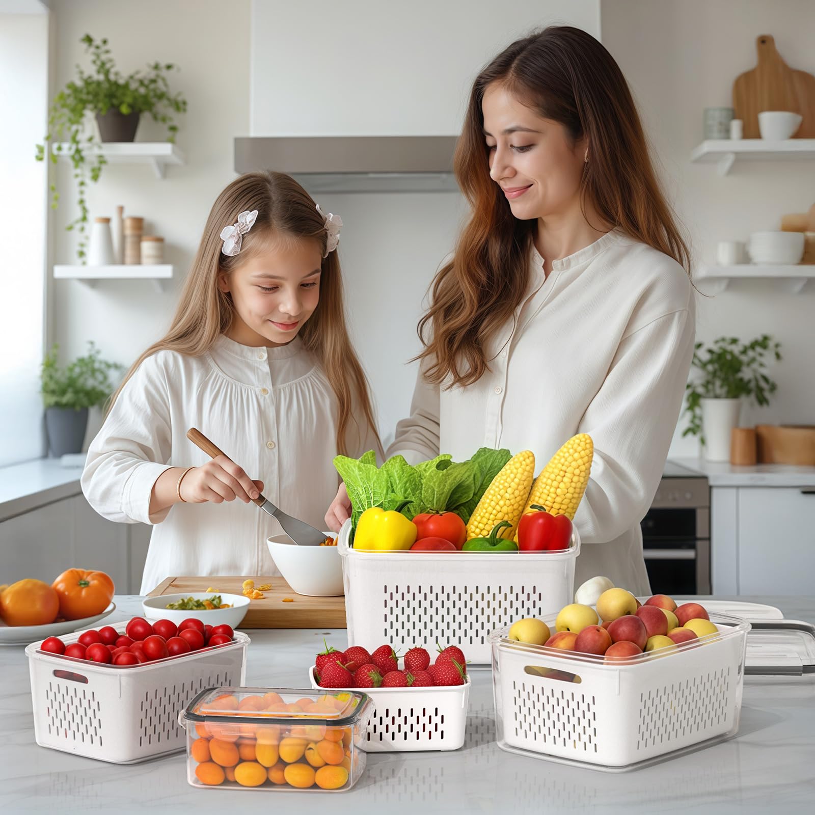 4-Piece Fruit Storage Containers for Refrigerator - Airtight Produce Keepers with Removable Colander & Strainer, Microwave & Dishwasher Safe - Perfect for Storing Berries, Salad Greens, Lettuce & Fresh Fruits in Kitchen or Fridge