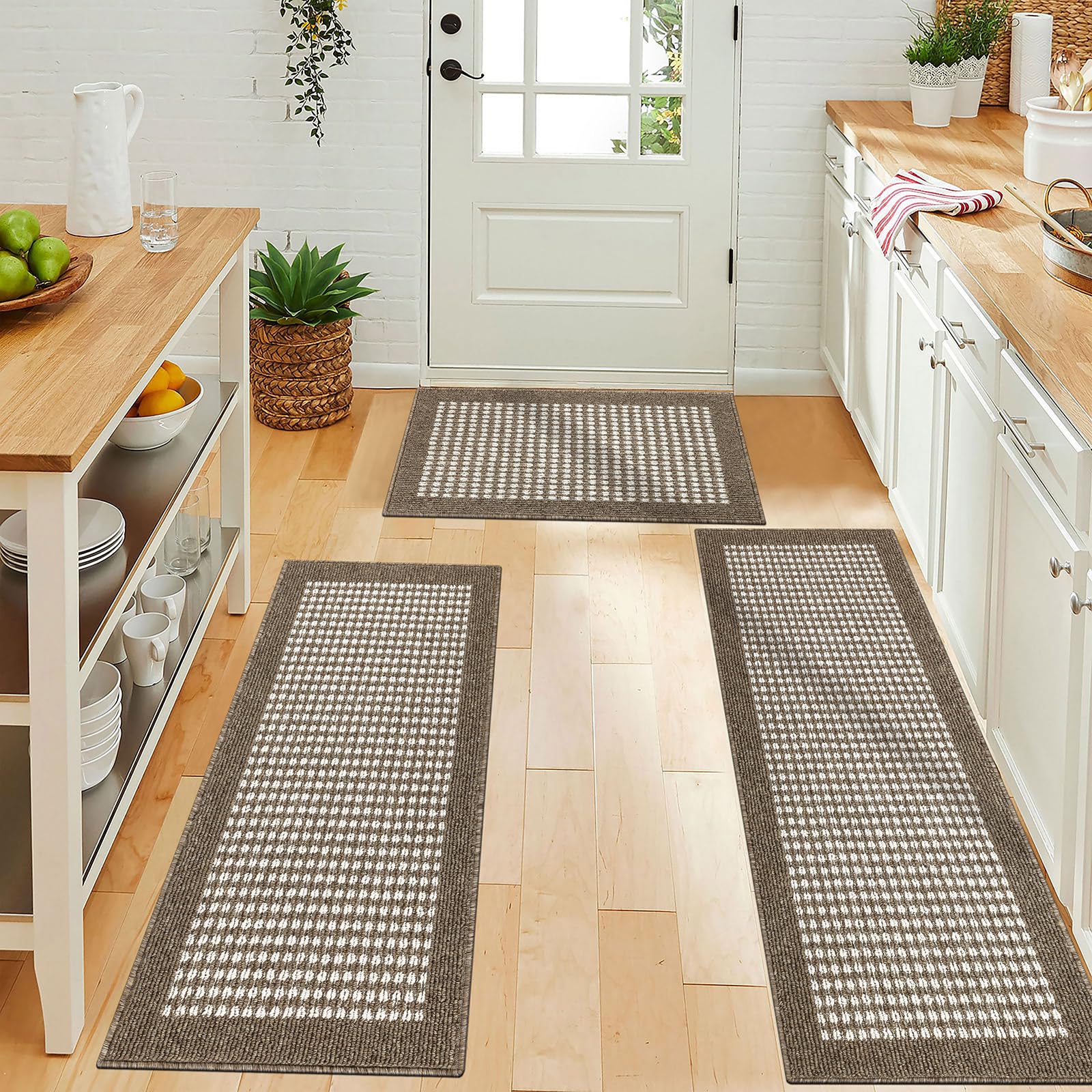 **Ileading 3-Piece Non-Slip Kitchen Mat Set - Minimalist 3D Lattice Design, Machine Washable, Farmhouse Style Floor Rugs for Kitchen, Laundry, Hallway & Entryway (Brown)**    *Perfect for adding comfort and style to high-traffic areas while preventing slips and spills!*