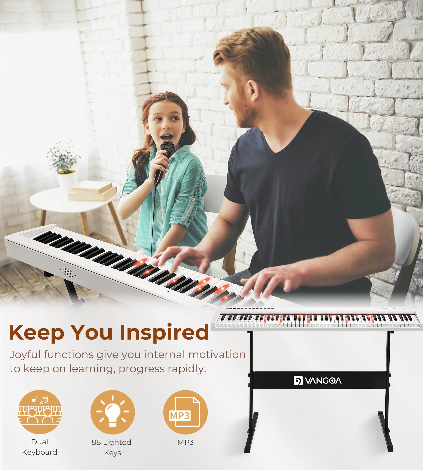 Vangoa 88-Key Digital Piano Keyboard for Beginners - Electric Piano with Touch Sensitive Keys, Sustain Pedal, Power Adapter & Carrying Bag - Includes APP Learning System - Perfect for Home Practice, Music Lessons & Studio Recording (White)