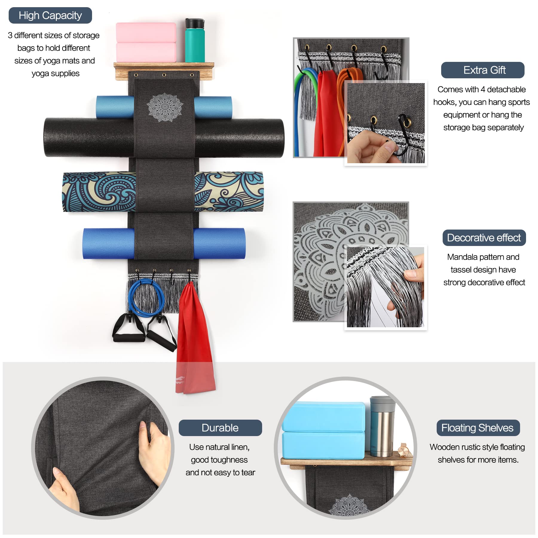 Premium Yoga Mat Holder Wall Mount Organizer - 4 Hooks & Wooden Shelves for Foam Rollers, Towels & Resistance Bands - Space-Saving Home Gym, Yoga Studio & Office Storage Solution