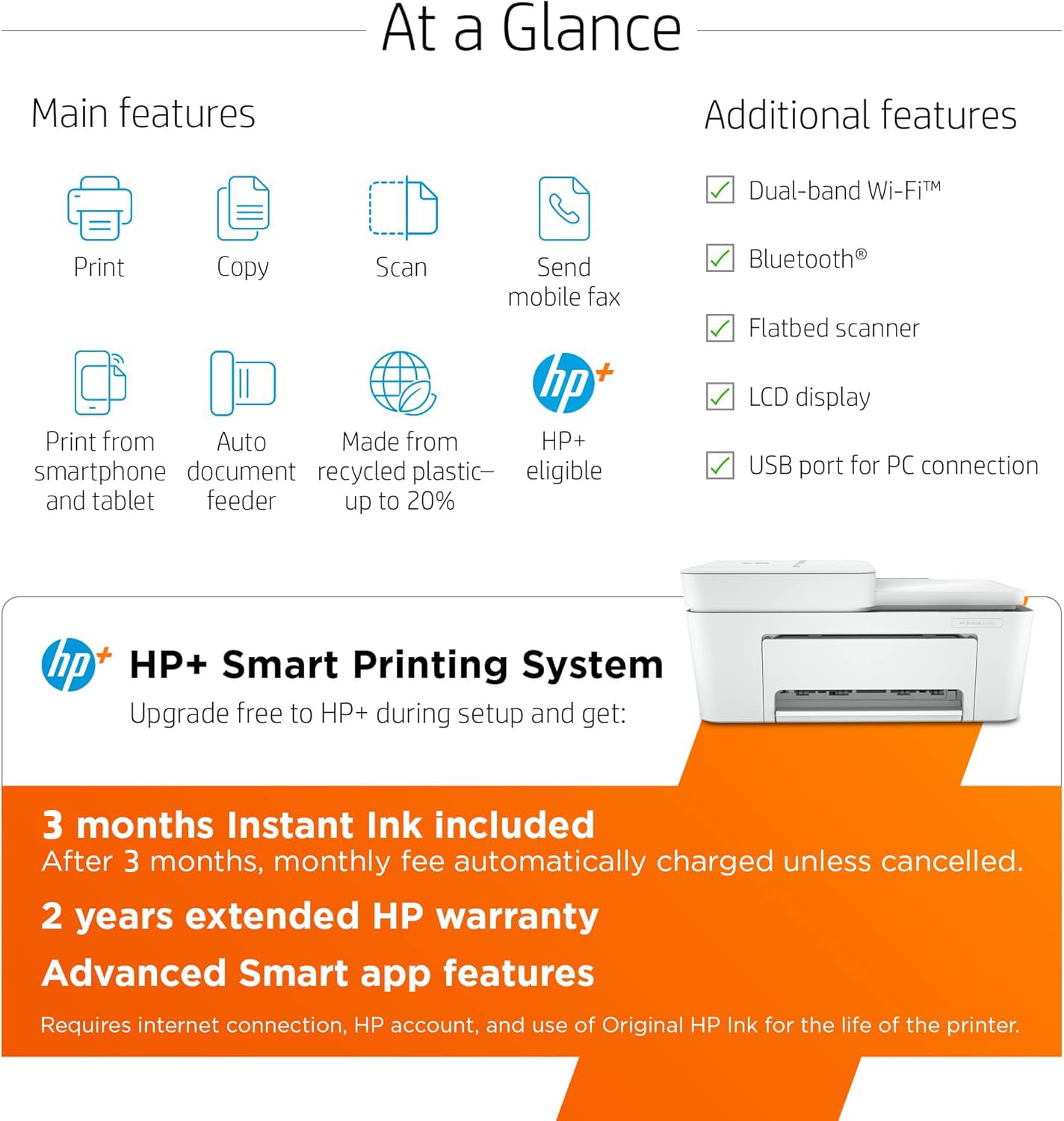 HP DeskJet 4155e Wireless Color Inkjet Printer - Print, Scan, Copy | Easy Setup & Mobile Printing | Ideal for Home & Small Office | Includes 3 Months Instant Ink | White | Perfect for Remote Work & Student Projects