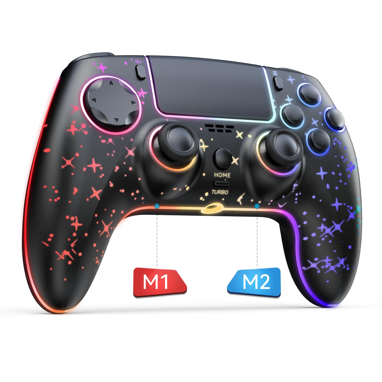 Wireless LED Star Controller for PS4/Slim/PRO/PC/iOS/Android/Switch - RGB 9-Color Backlight, Programmable Buttons, Turbo Boost, Motion Sensor - Perfect for Gaming & Streaming