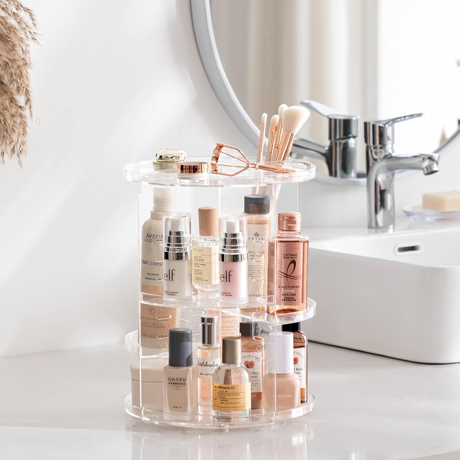 360° Rotating Makeup Organizer - Large Capacity Adjustable Cosmetic & Skincare Display Stand with Spinning Base - Clear Acrylic Vanity Organizer for Perfumes, Brushes, Makeup (Perfect for Bathroom Countertops & Dressing Tables)