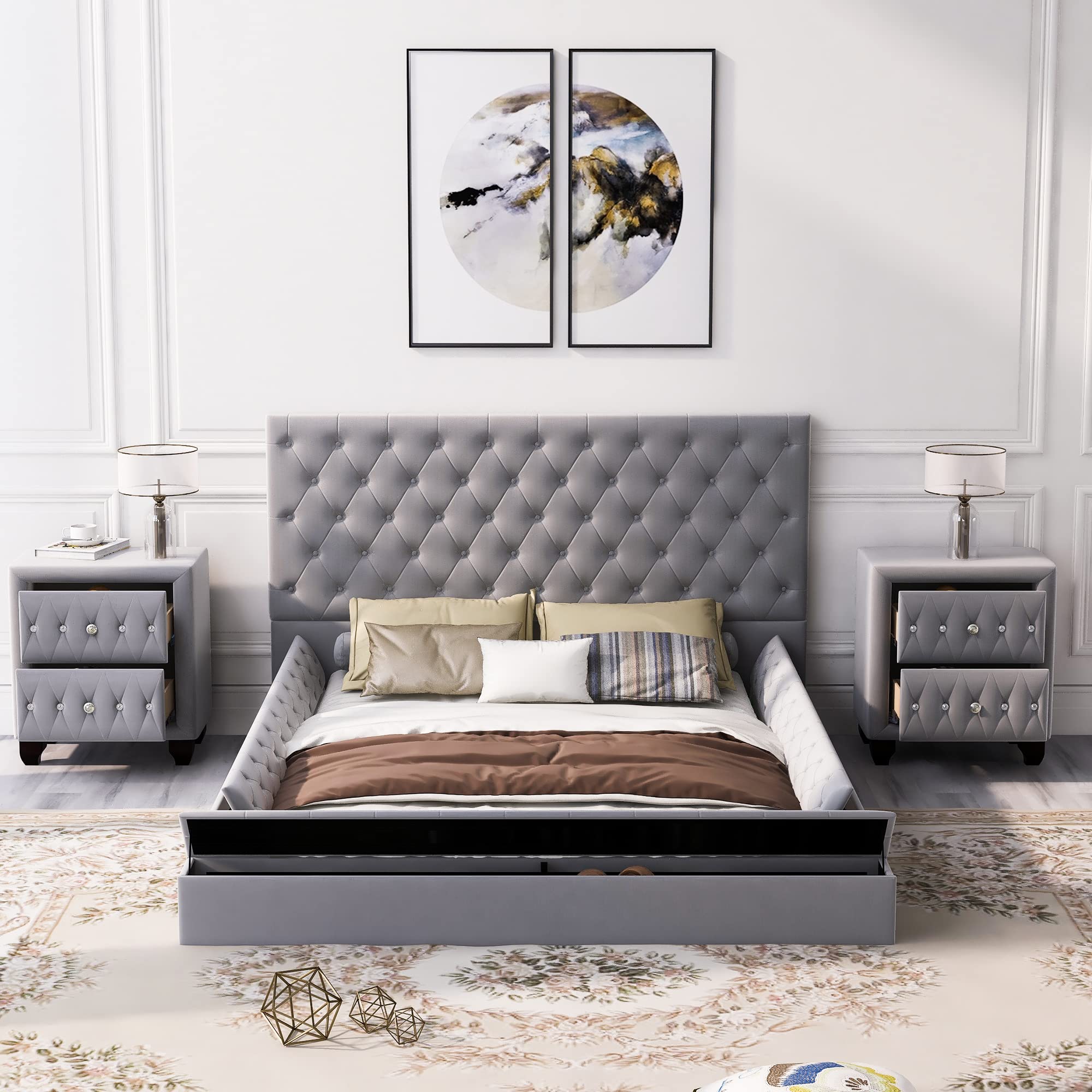 P PURLOVE Full Upholstered Low Profile Storage Platform Bed Frame with 2 Nightstands - Modern Gray Bedroom Set for Small Spaces & Guest Rooms | Space-Saving Design with Underbed Storage