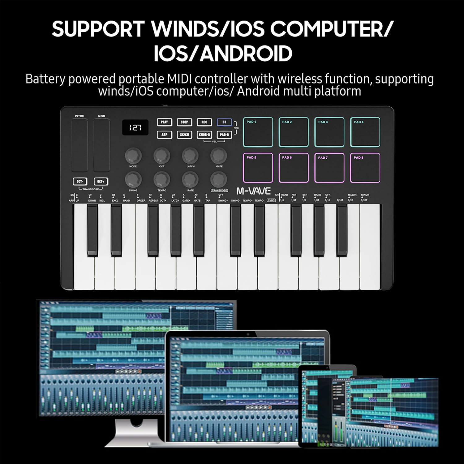 M-VAVE 25 Key USB MIDI Keyboard Controller with 8 Backlit Drum Pads - Wireless Semi-Weighted Professional Dynamic Keybed, 8 Knobs & Included Software - Perfect for Music Production, Home Studio Recording & Live Performances