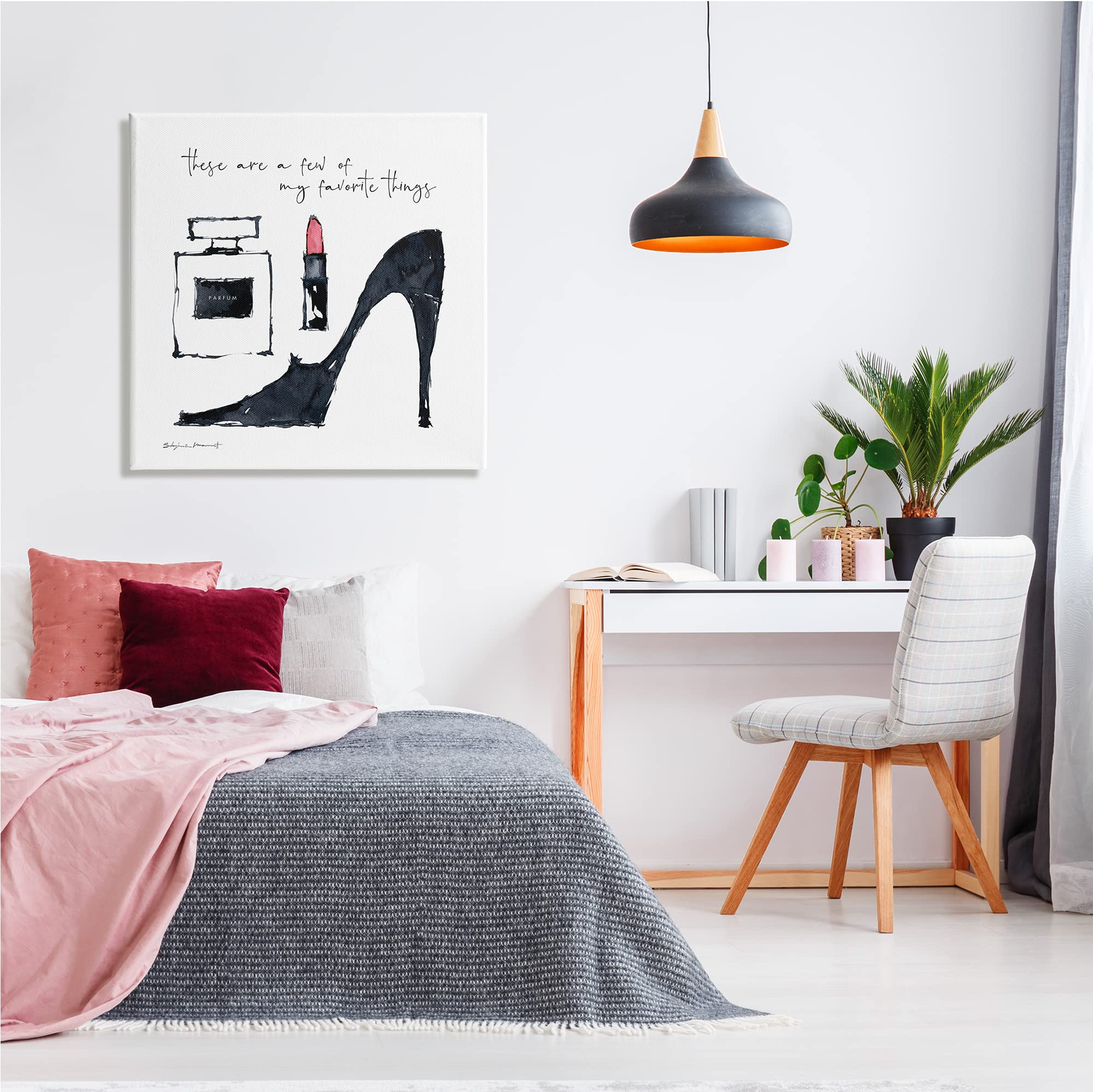 Stupell Industries 'My Favorite Things' Canvas Wall Art - Phrase Design with Perfume, Lipstick & Fashion Shoes by Stephanie Workman Marrott - 30x30 Inch White Framed Decor for Bedroom, Living Room & Office