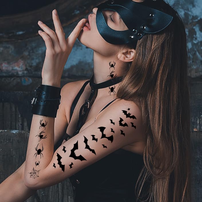 6-Pack Halloween Temporary Tattoos - Spooky Bat & Spider Designs (5.5